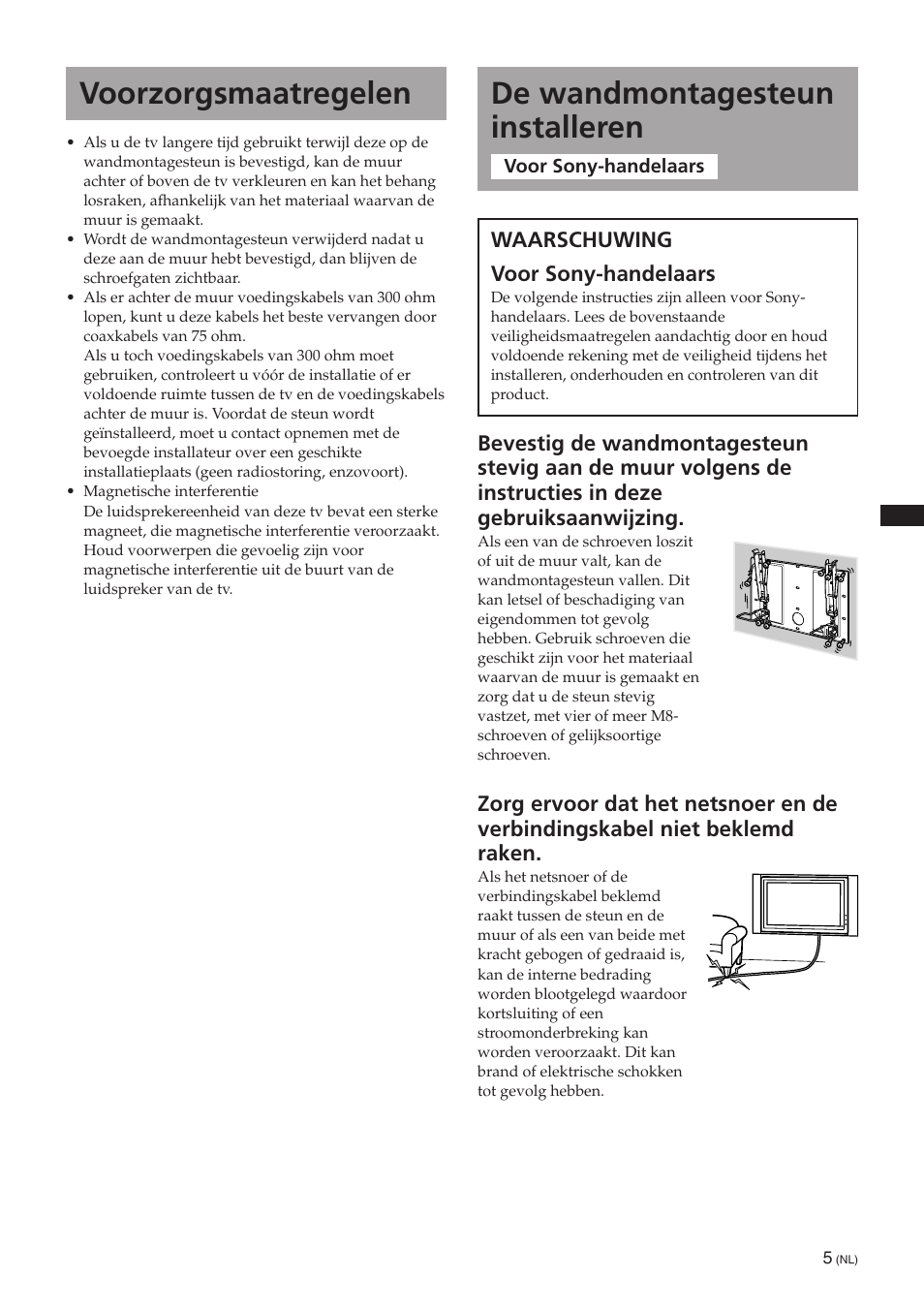 De wandmontagesteun installeren, Voorzorgsmaatregelen | Sony SU-PW3M User Manual | Page 37 / 116
