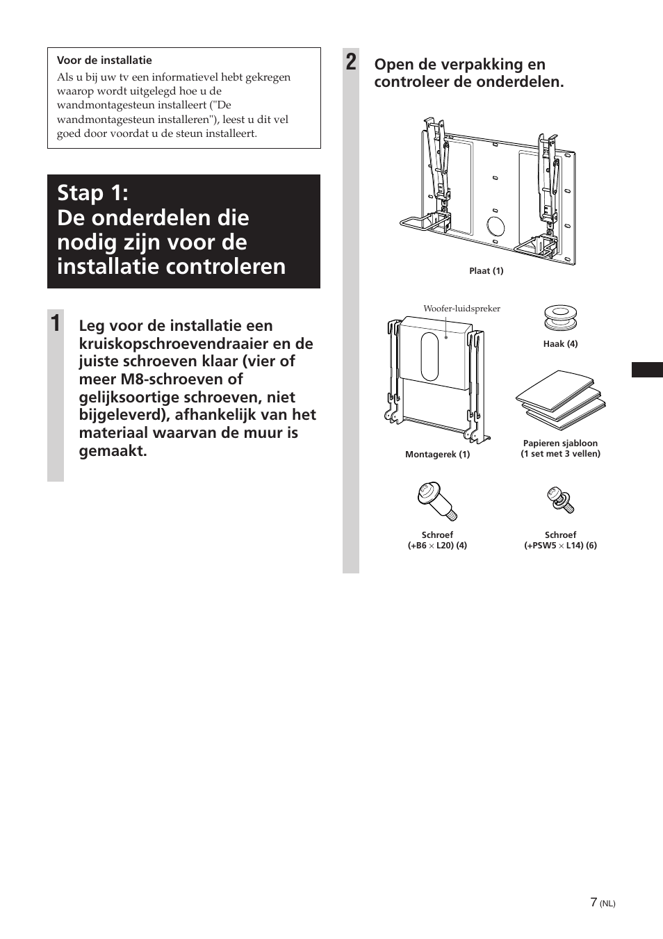 Open de verpakking en controleer de onderdelen | Sony SU-PW3M User Manual | Page 39 / 116