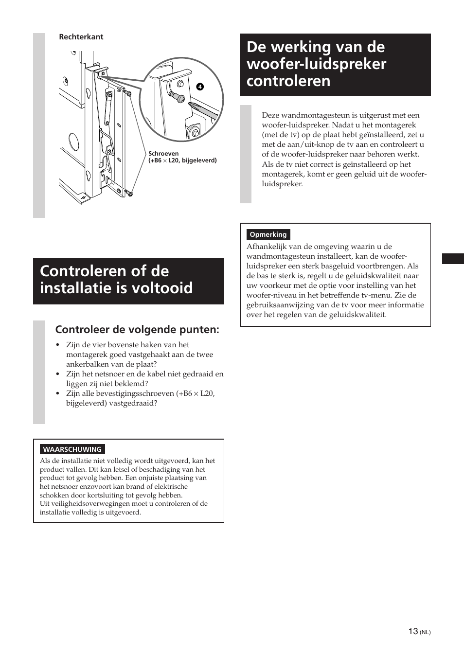 Controleren of de installatie is voltooid, De werking van de woofer-luidspreker controleren, Controleer de volgende punten | Sony SU-PW3M User Manual | Page 45 / 116