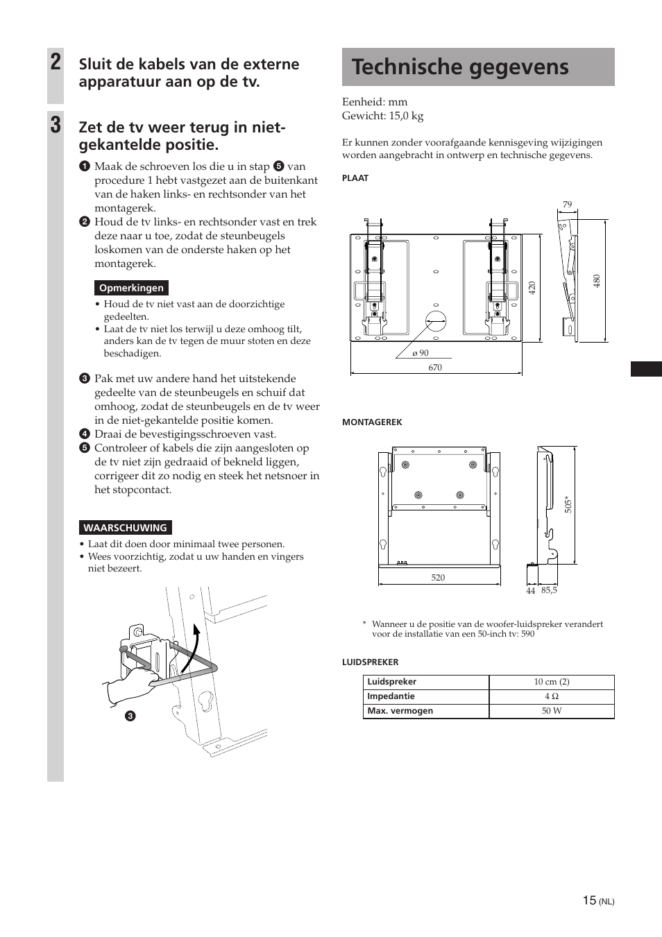 Technische gegevens, Zet de tv weer terug in niet- gekantelde positie | Sony SU-PW3M User Manual | Page 47 / 116