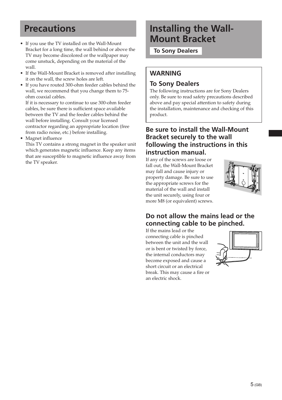 Installing the wall- mount bracket, Precautions | Sony SU-PW3M User Manual | Page 5 / 116