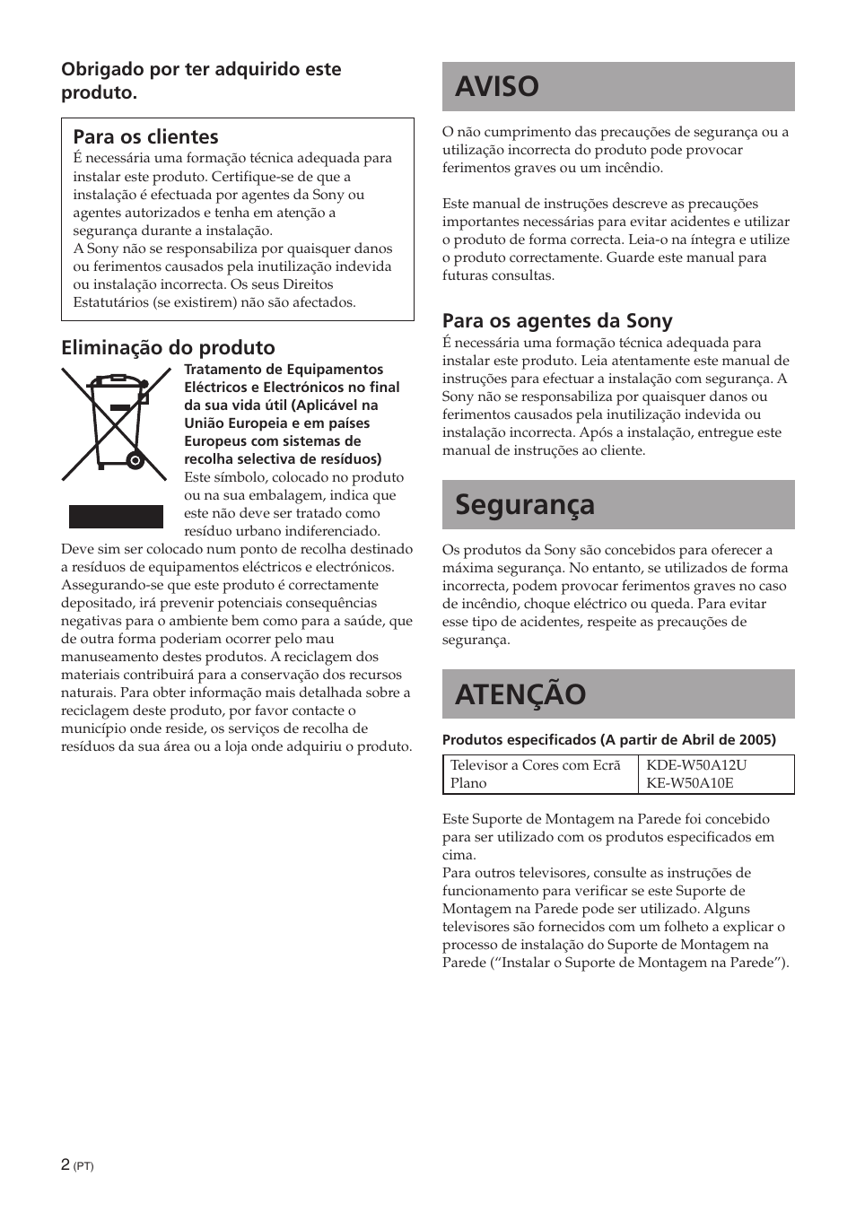 Pt [português, Aviso, Segurança | Atenção | Sony SU-PW3M User Manual | Page 50 / 116