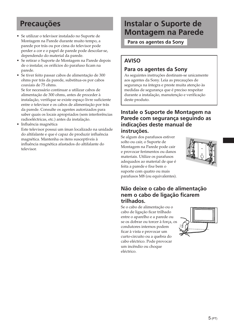 Instalar o suporte para montagem na parede, Precauções, Instalar o suporte de montagem na parede | Sony SU-PW3M User Manual | Page 53 / 116