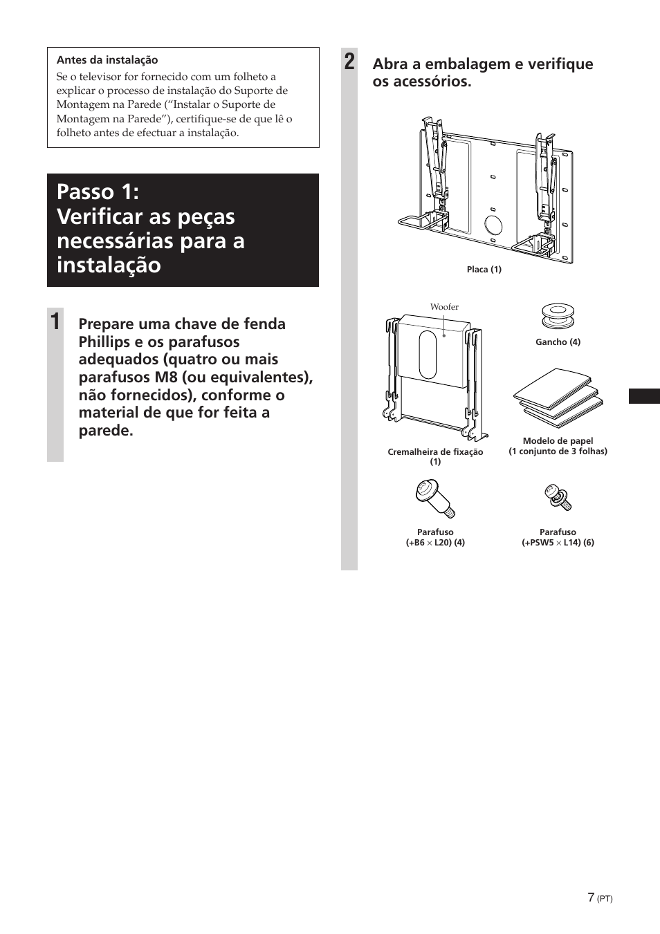 Abra a embalagem e verifique os acessórios | Sony SU-PW3M User Manual | Page 55 / 116