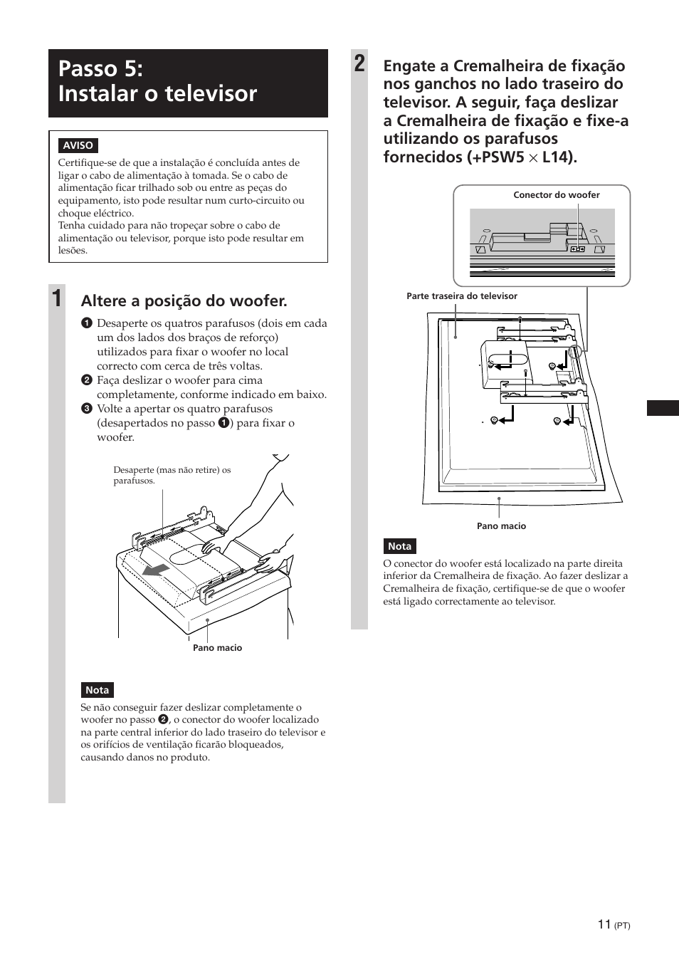 Passo 5: instalar o televisor, Altere a posição do woofer | Sony SU-PW3M User Manual | Page 59 / 116