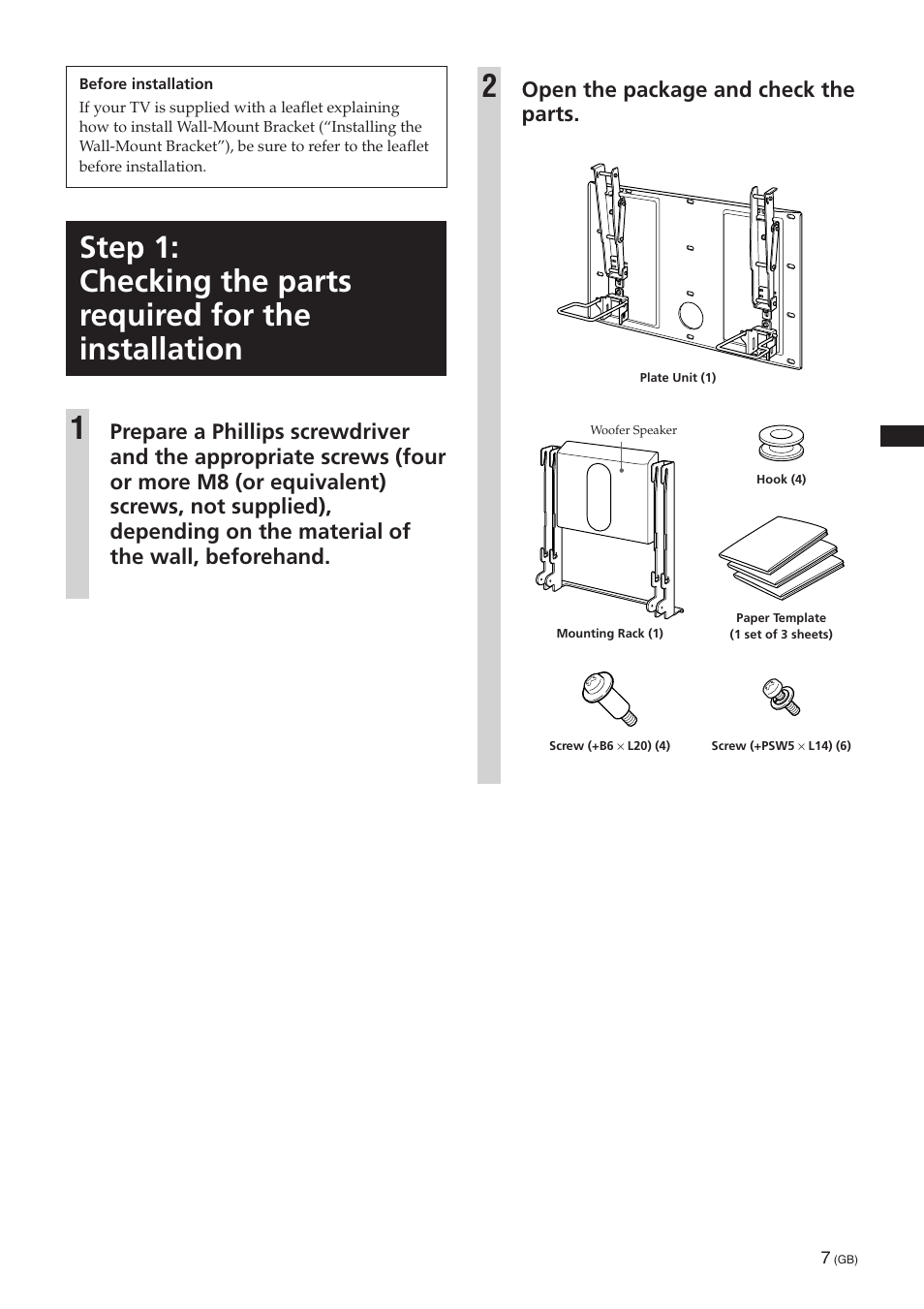 Open the package and check the parts | Sony SU-PW3M User Manual | Page 7 / 116