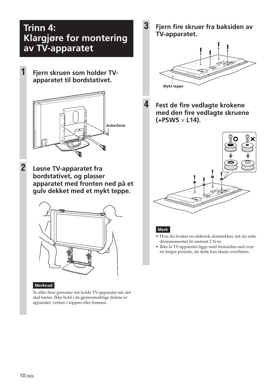 Trinn 4: klargjøre for montering av tv-apparatet, Trinn 4: klargjøre for montering av tv-apparatet 1 | Sony SU-PW3M User Manual | Page 74 / 116