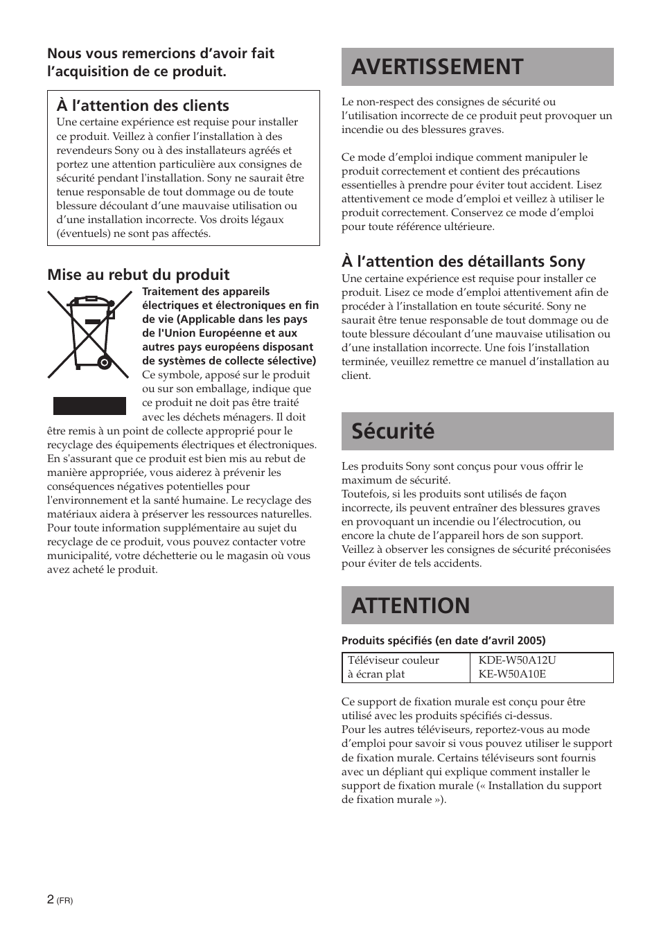 Fr [français, Avertissement, Sécurité | Attention | Sony SU-PW3M User Manual | Page 82 / 116