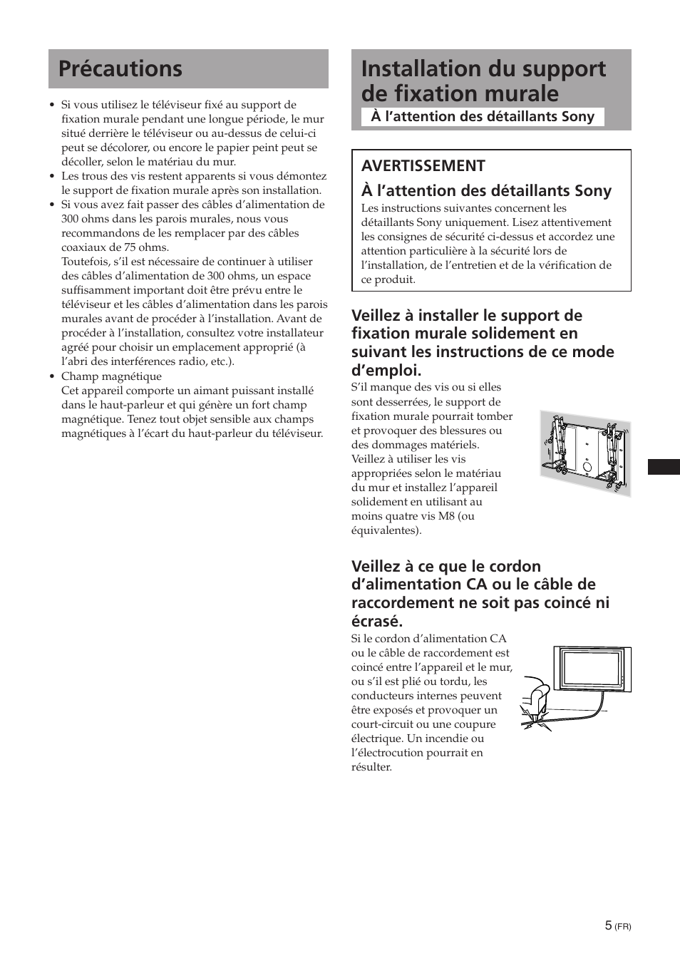 Installation du support de fixation murale, Précautions | Sony SU-PW3M User Manual | Page 85 / 116