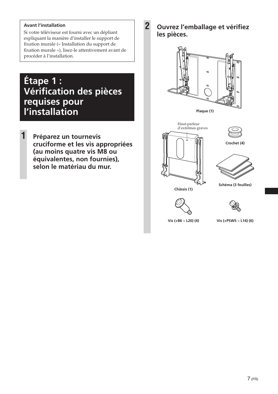 Ouvrez l’emballage et vérifiez les pièces | Sony SU-PW3M User Manual | Page 87 / 116