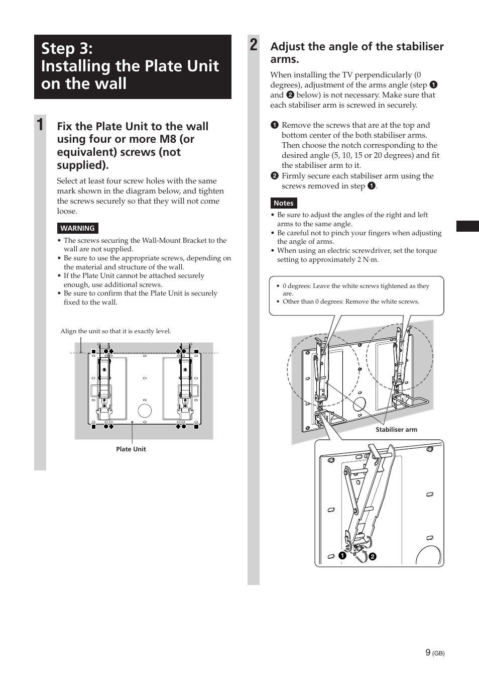 Step 3: installing the plate unit on the wall, Step 3: installing the plate unit on the wall 1, Adjust the angle of the stabiliser arms | Sony SU-PW3M User Manual | Page 9 / 116
