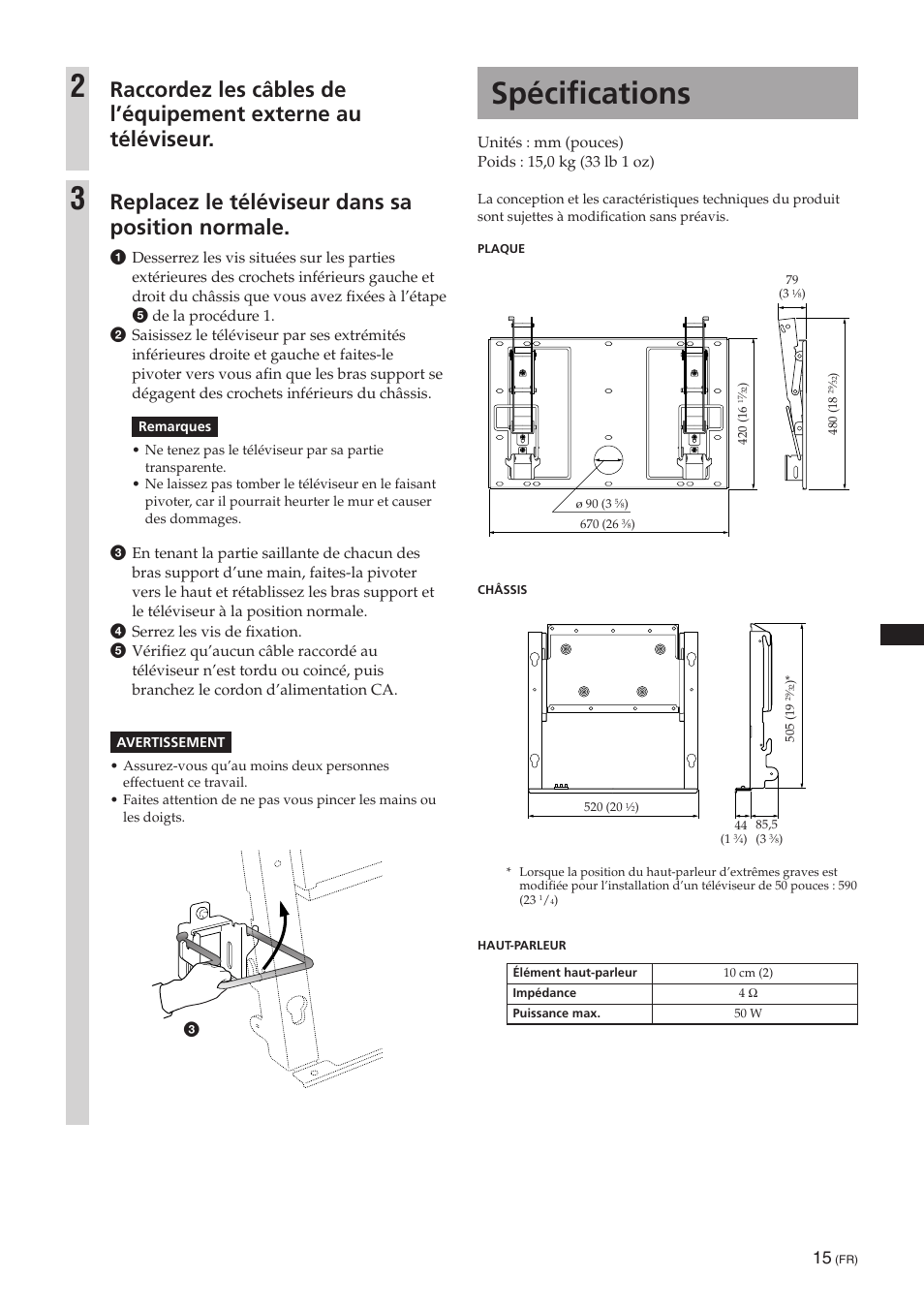 Spécifications, Replacez le téléviseur dans sa position normale | Sony SU-PW3M User Manual | Page 95 / 116