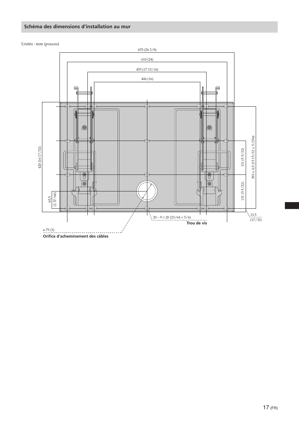 Schéma des dimensions d’installation au mur | Sony SU-PW3M User Manual | Page 97 / 116