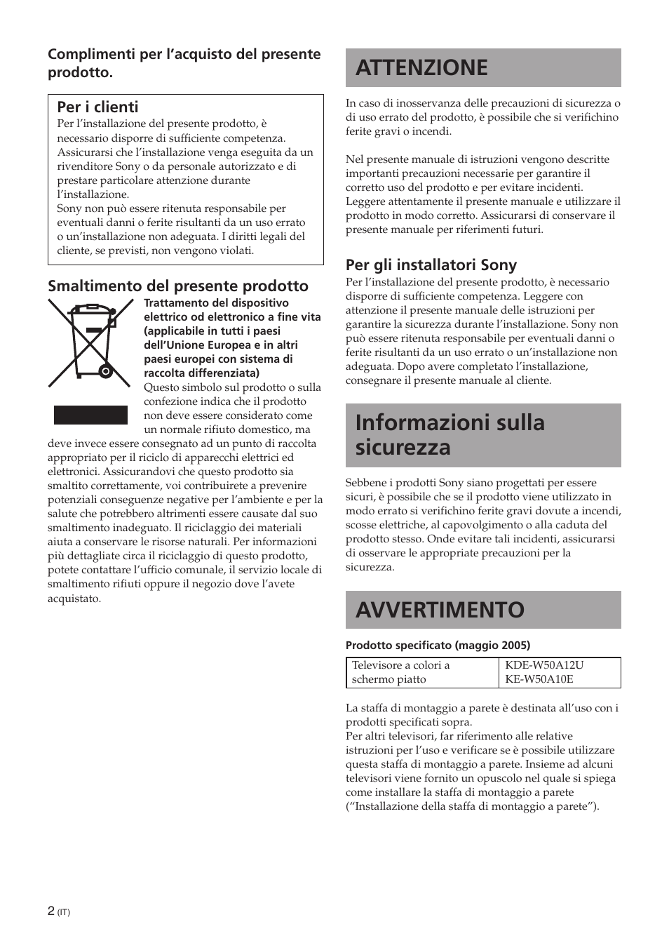 It [italiano, Attenzione, Informazioni sulla sicurezza | Avvertimento | Sony SU-PW3M User Manual | Page 98 / 116