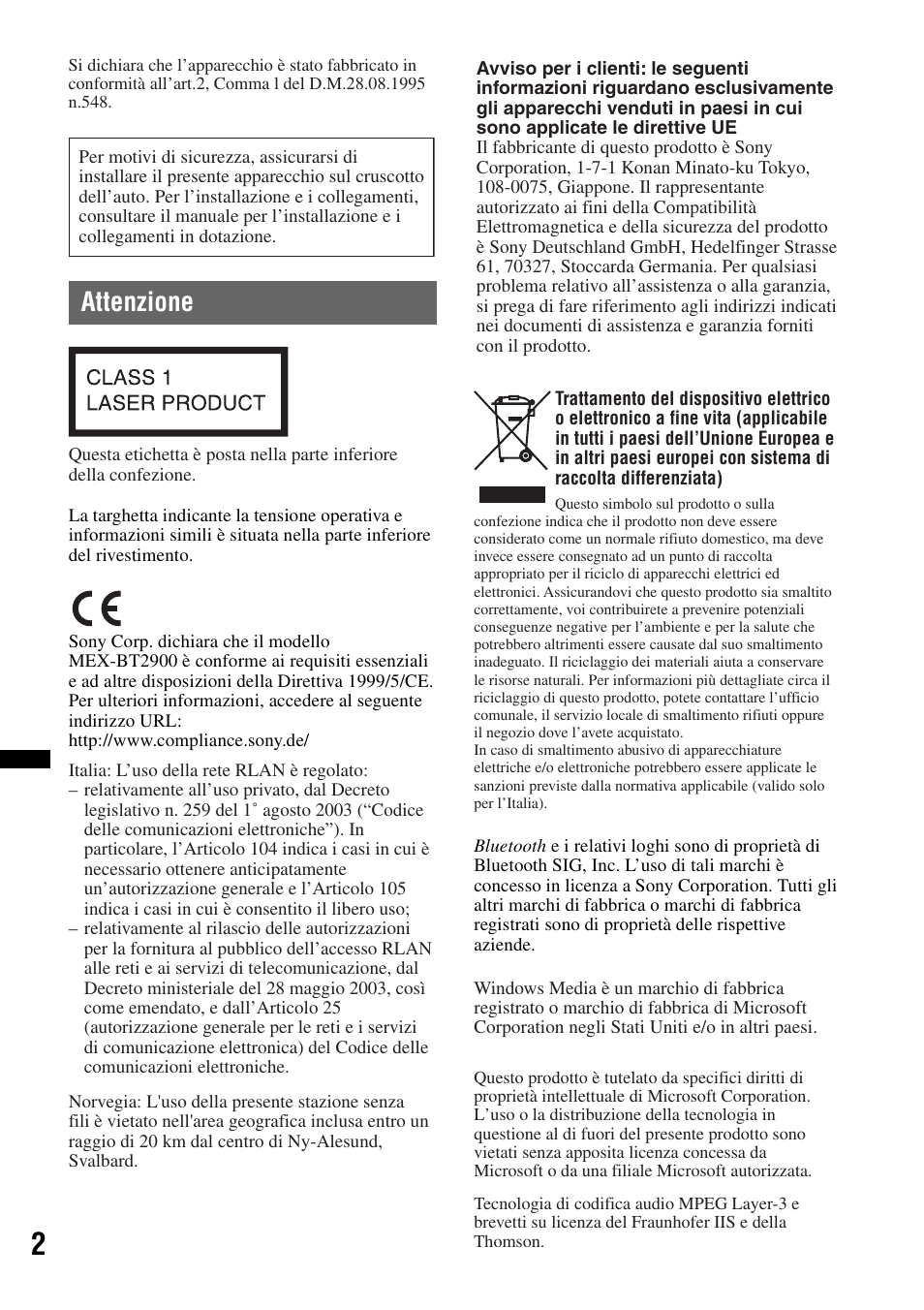 Attenzione | Sony MEX-BT2900 User Manual | Page 100 / 168