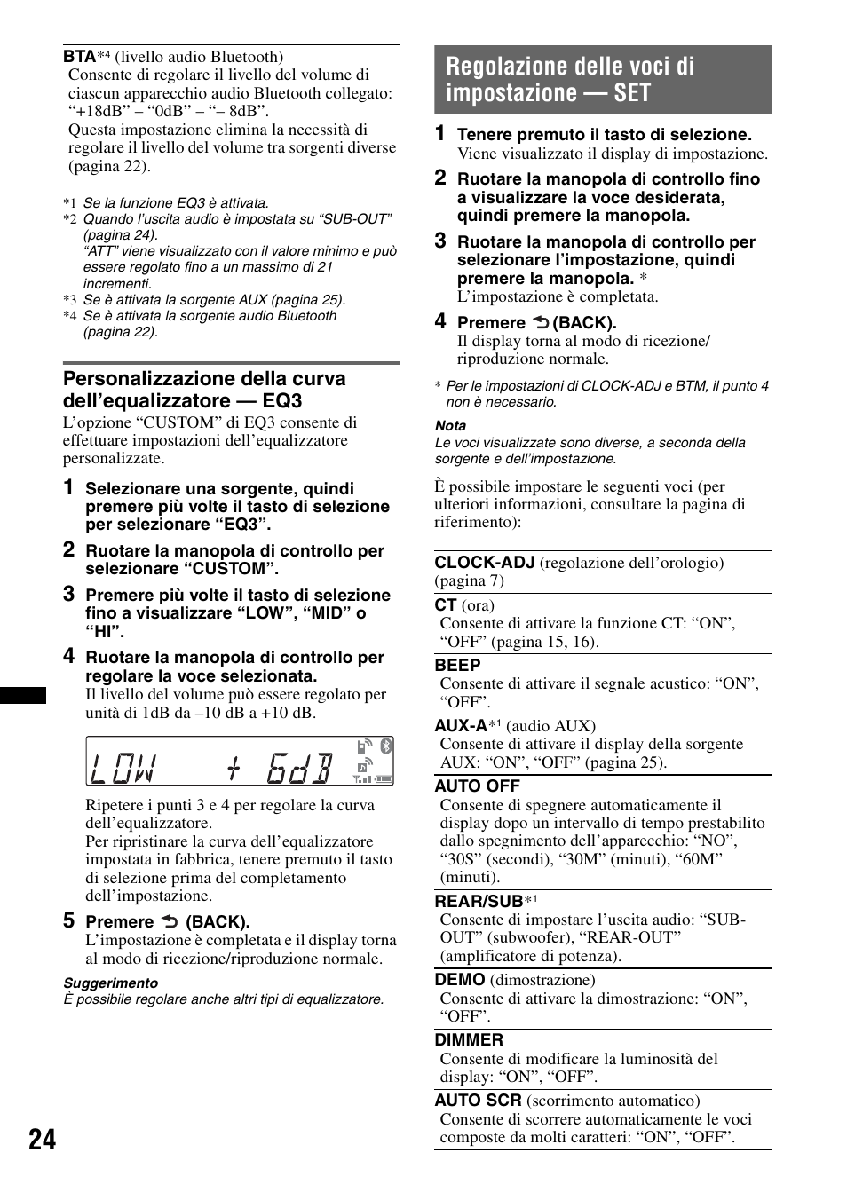 Regolazione delle voci di impostazione - set, Regolazione delle voci di impostazione — set | Sony MEX-BT2900 User Manual | Page 122 / 168