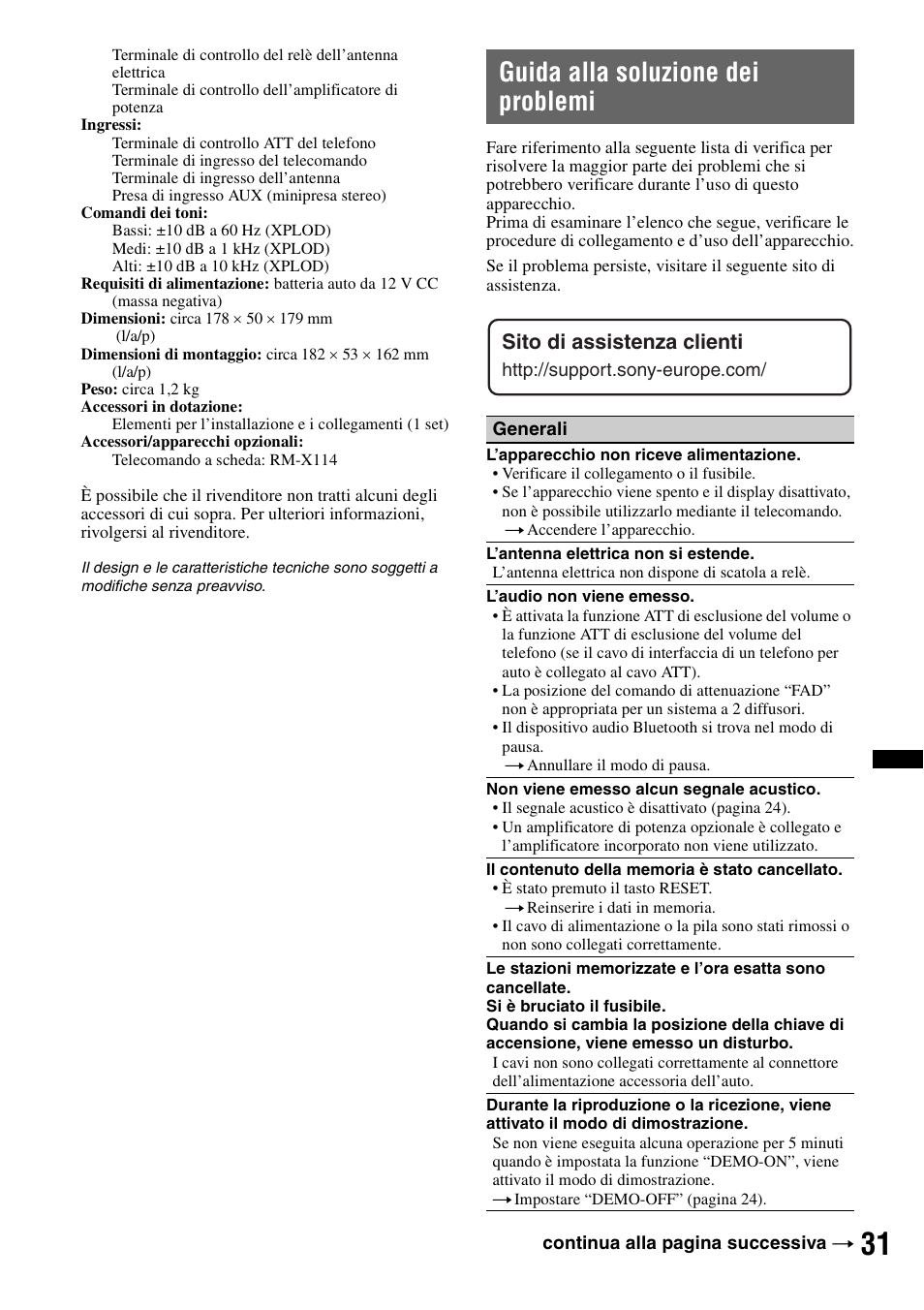 Guida alla soluzione dei problemi, Sito di assistenza clienti | Sony MEX-BT2900 User Manual | Page 129 / 168