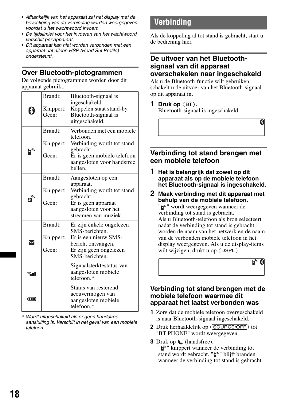 Over bluetooth-pictogrammen, Verbinding | Sony MEX-BT2900 User Manual | Page 150 / 168