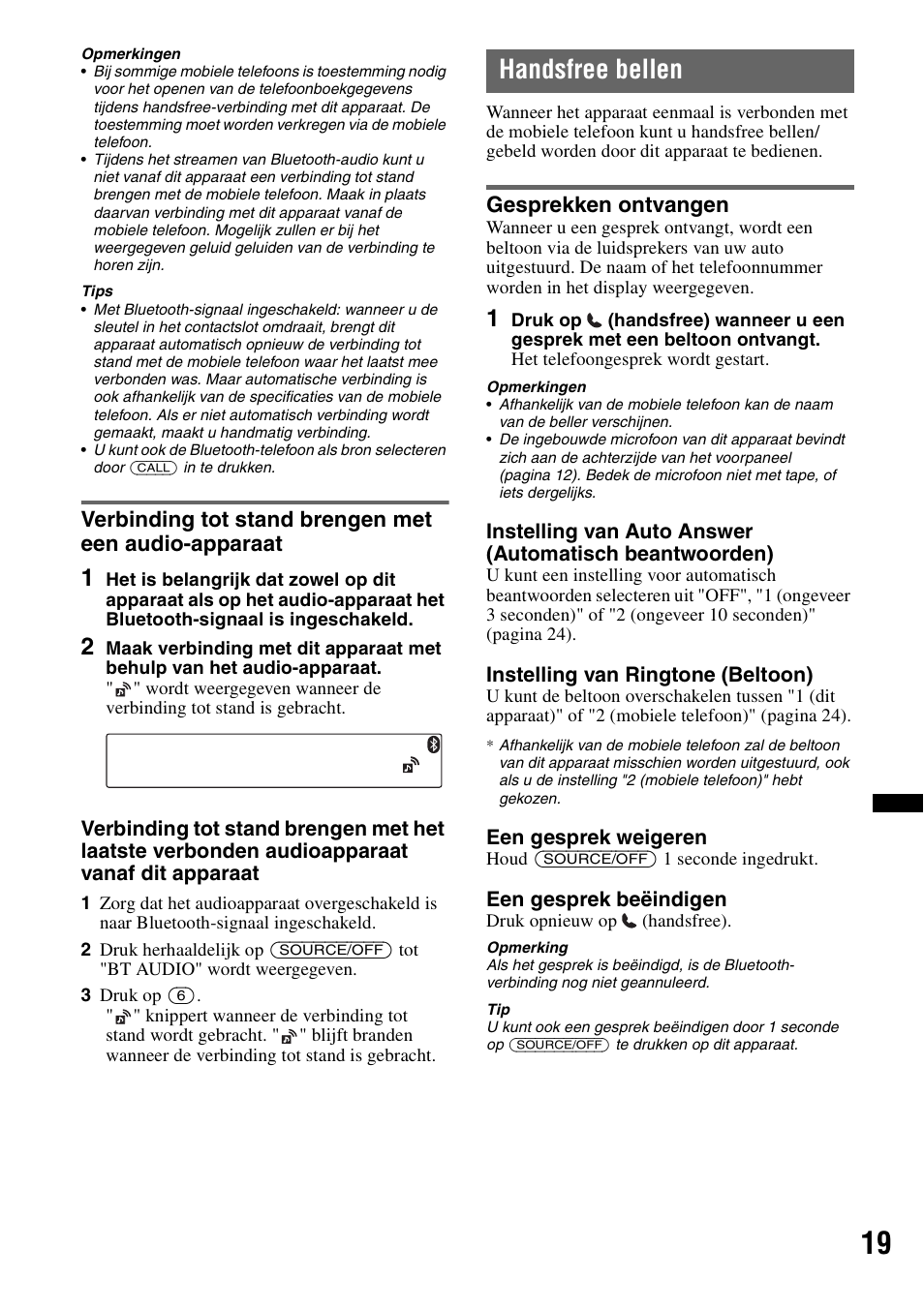 Handsfree bellen, Gesprekken ontvangen | Sony MEX-BT2900 User Manual | Page 151 / 168