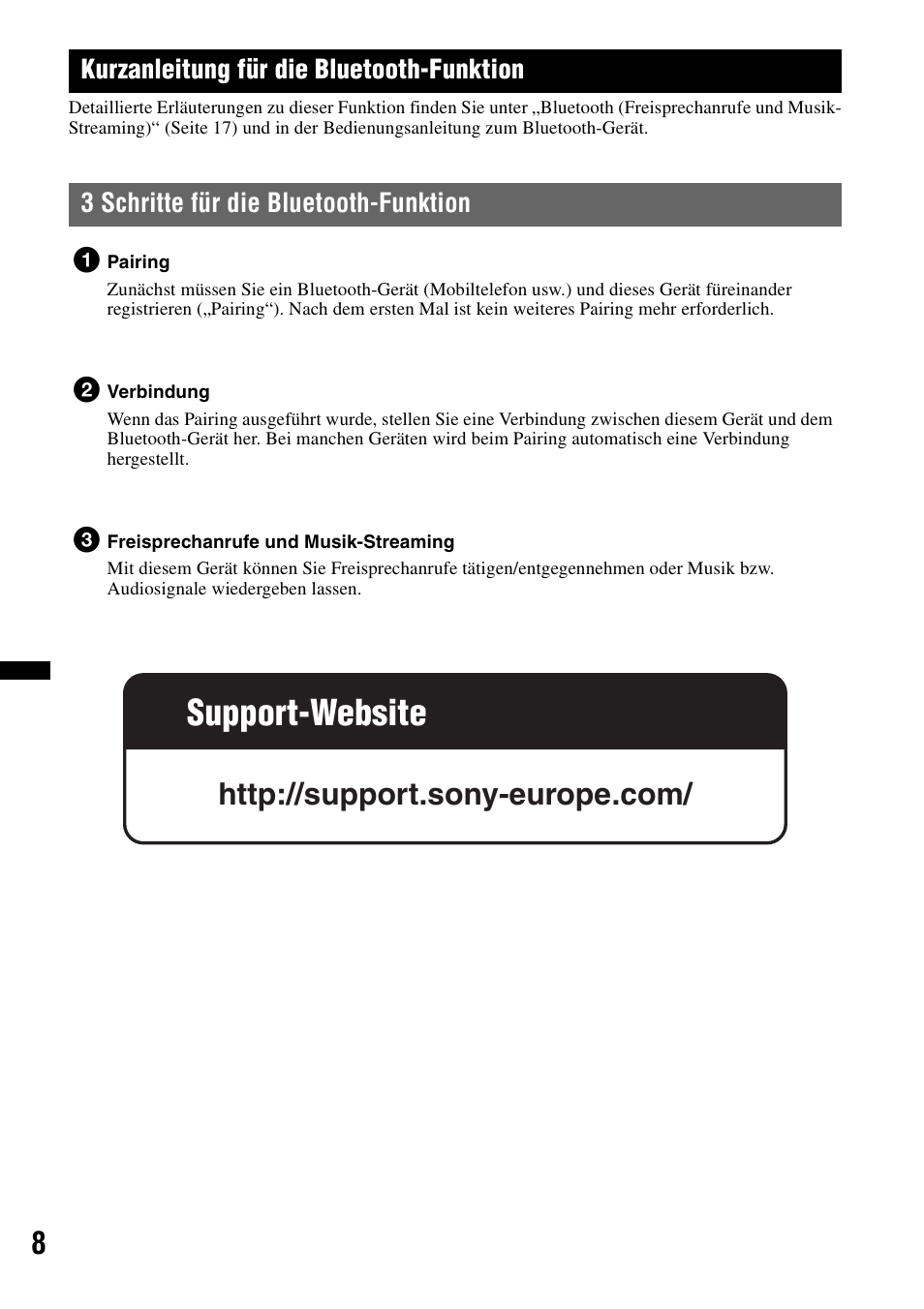 Kurzanleitung für die bluetooth-funktion, 3 schritte für die bluetooth-funktion, Kurzanleitung für die bluetooth- funktion | Support-website | Sony MEX-BT2900 User Manual | Page 38 / 168