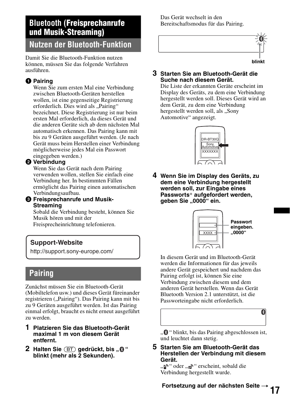 Bluetooth (freisprechanrufe und musik-streaming), Nutzen der bluetooth-funktion, Pairing | Nutzen der bluetooth-funktion pairing | Sony MEX-BT2900 User Manual | Page 47 / 168