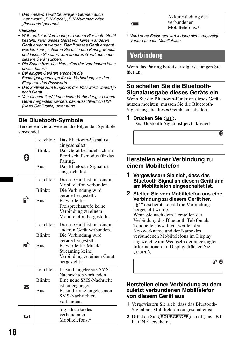 Die bluetooth-symbole, Verbindung, Herstellen einer verbindung zu einem mobiltelefon | Sony MEX-BT2900 User Manual | Page 48 / 168