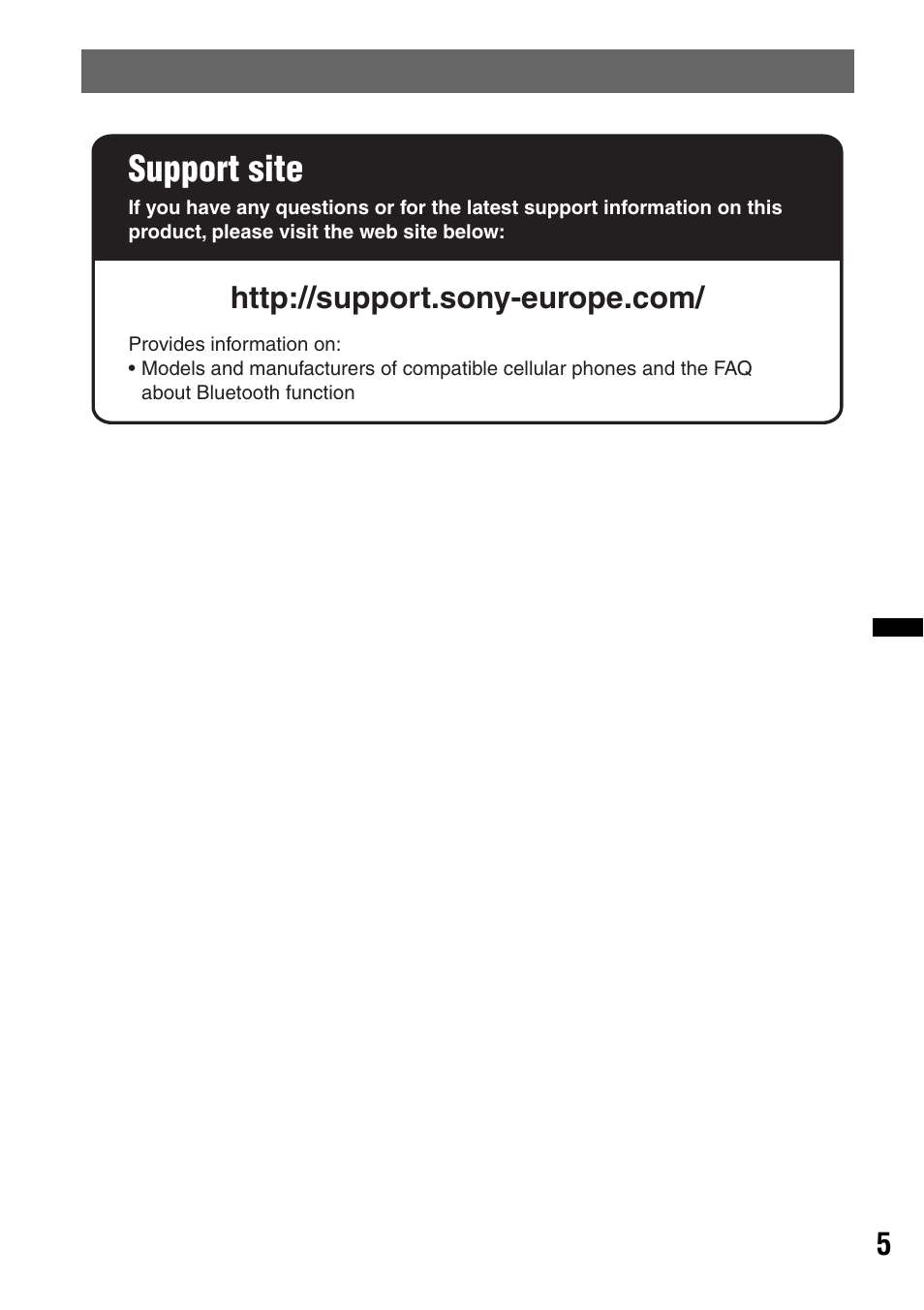 Support site | Sony MEX-BT2900 User Manual | Page 5 / 168