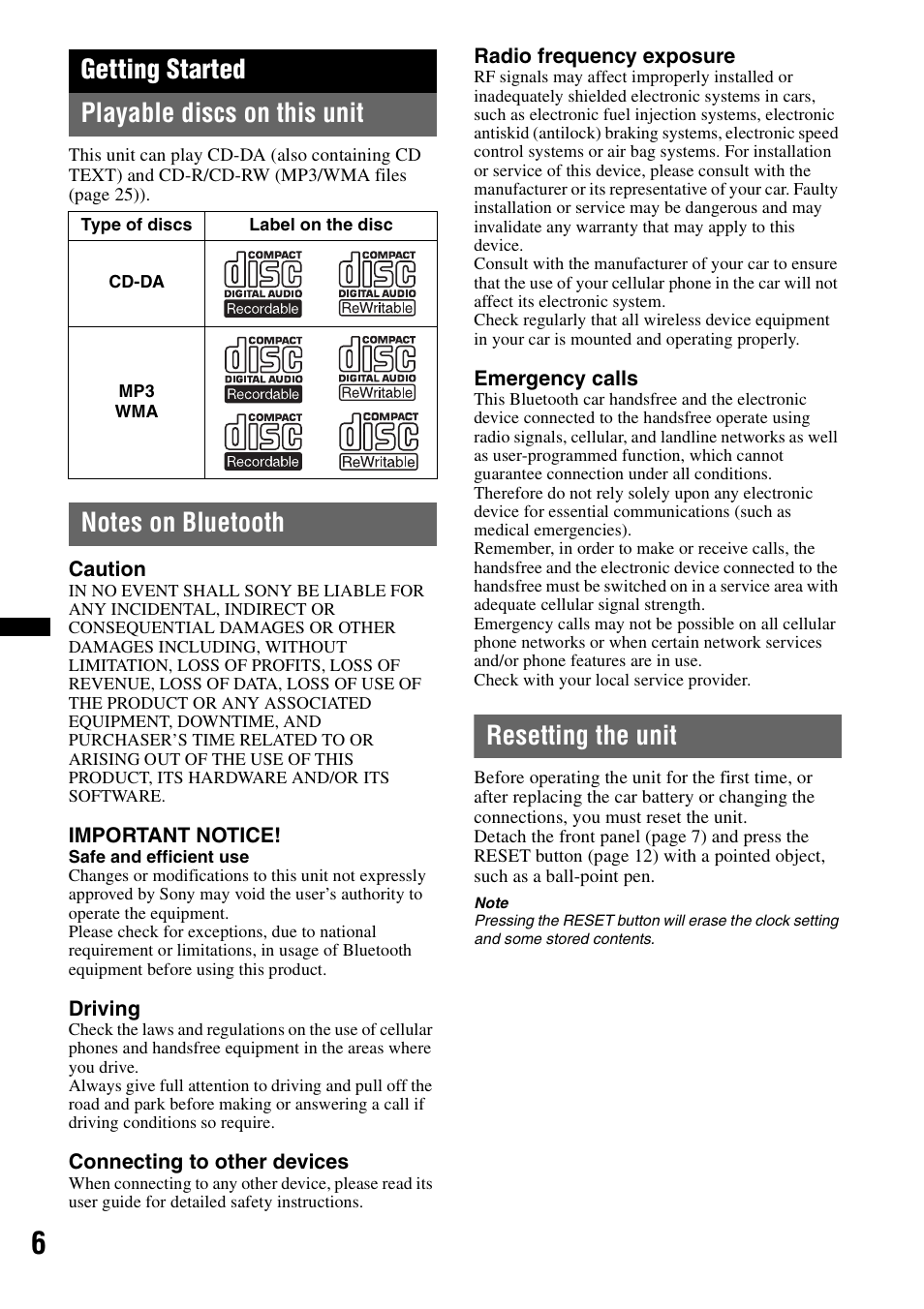 Getting started, Playable discs on this unit, Notes on bluetooth | Resetting the unit, Getting started playable discs on this unit | Sony MEX-BT2900 User Manual | Page 6 / 168