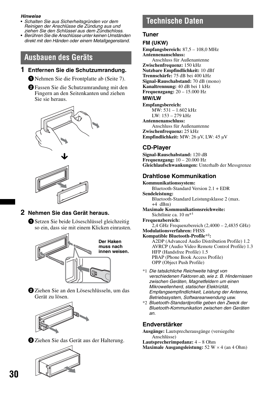 Ausbauen des geräts, Technische daten, Ausbauen des geräts technische daten | Sony MEX-BT2900 User Manual | Page 60 / 168