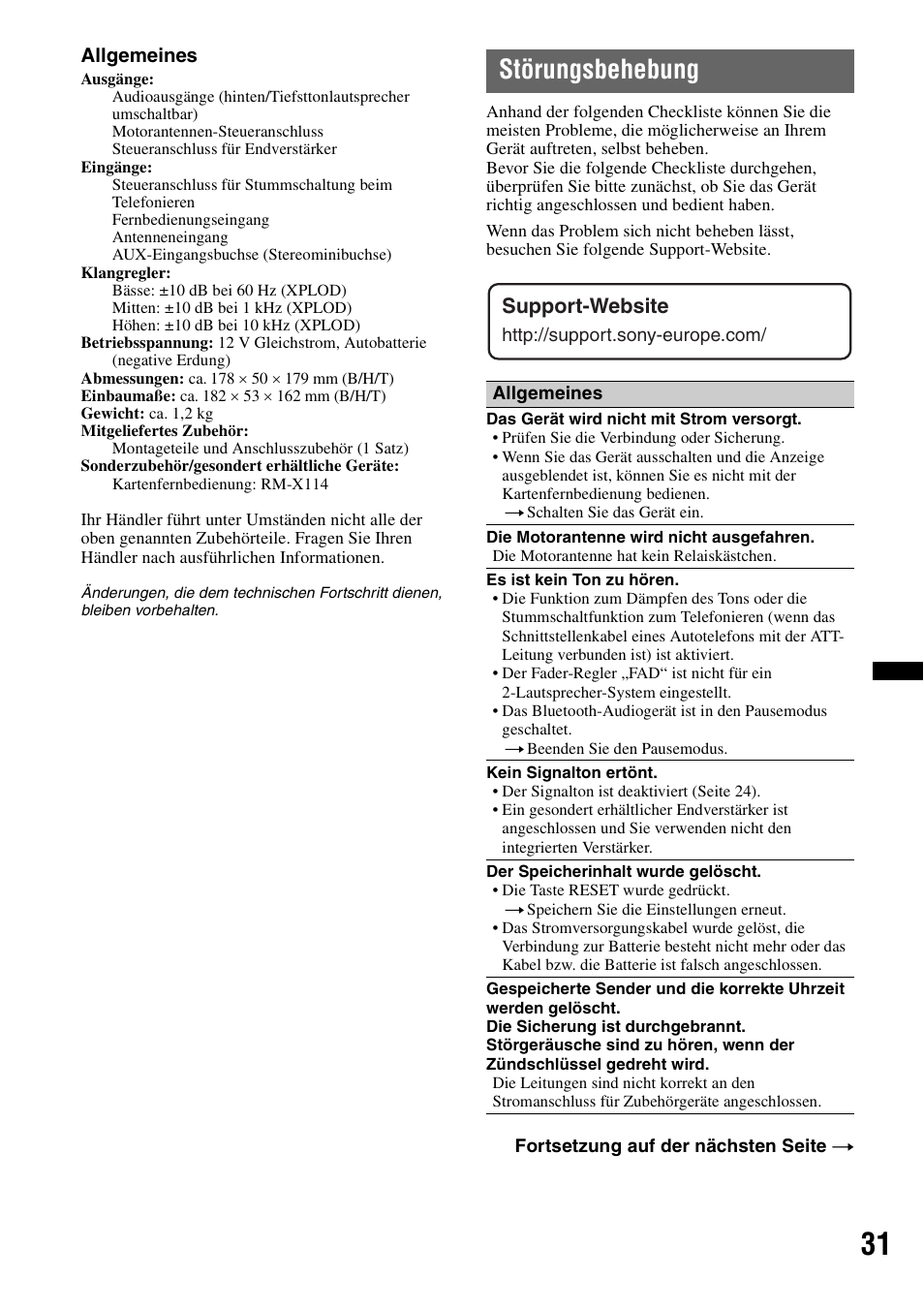 Störungsbehebung, Support-website | Sony MEX-BT2900 User Manual | Page 61 / 168