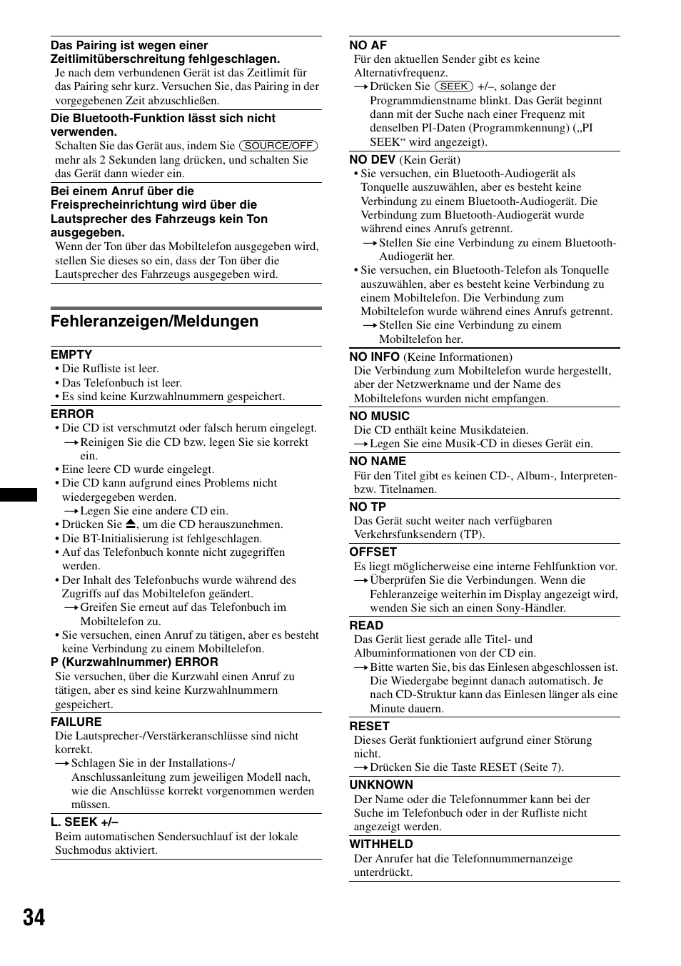 Fehleranzeigen/meldungen | Sony MEX-BT2900 User Manual | Page 64 / 168