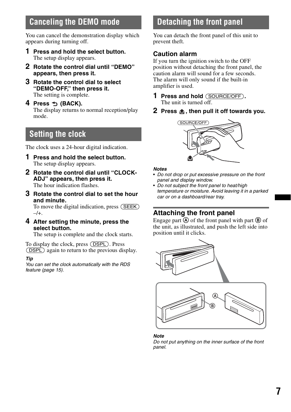 Canceling the demo mode, Setting the clock, Detaching the front panel | Attaching the front panel | Sony MEX-BT2900 User Manual | Page 7 / 168