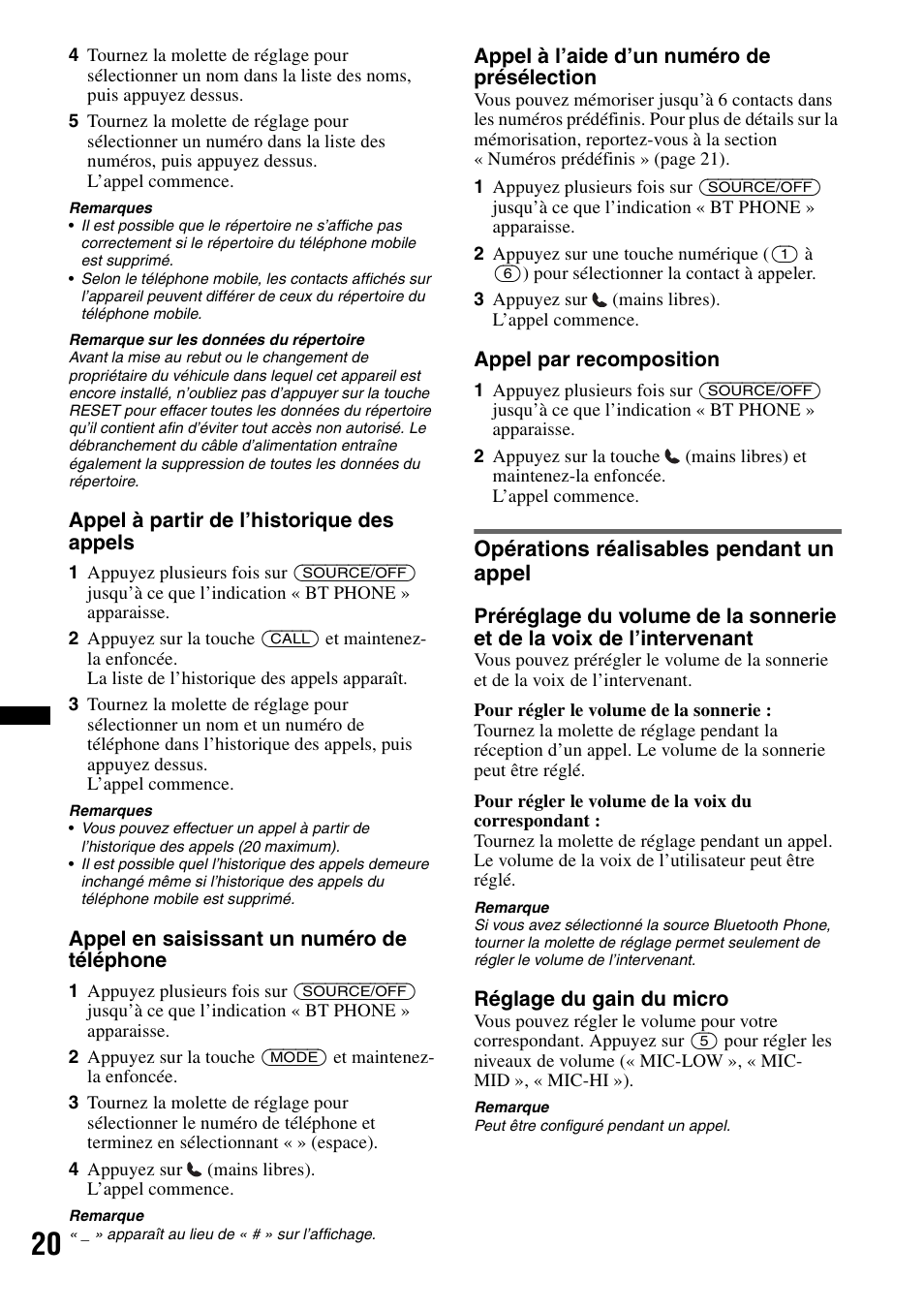 Opérations réalisables pendant un appel | Sony MEX-BT2900 User Manual | Page 84 / 168