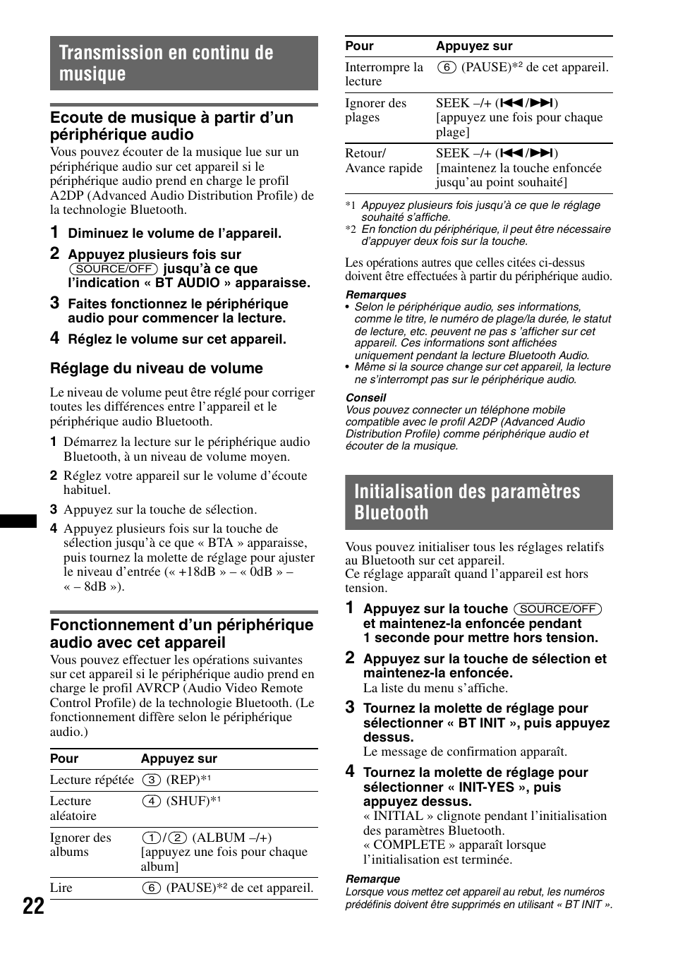 Transmission en continu de musique, Ecoute de musique à partir d’un périphérique audio, Initialisation des paramètres bluetooth | Sony MEX-BT2900 User Manual | Page 86 / 168