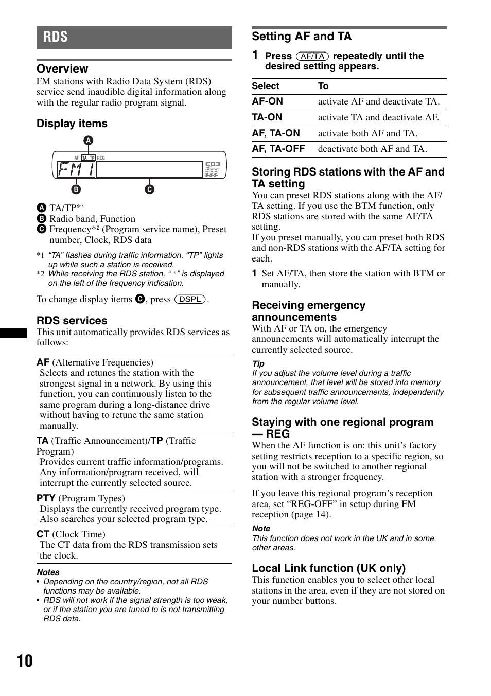 Overview, Setting af and ta, Overview setting af and ta | Sony CDX-GT434U User Manual | Page 10 / 112