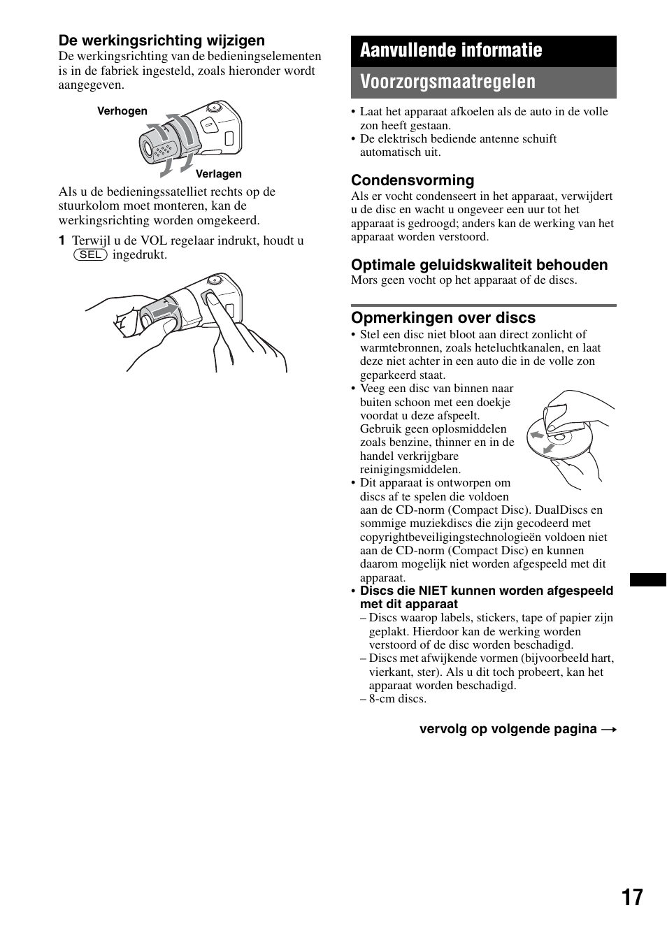 Aanvullende informatie, Voorzorgsmaatregelen, Opmerkingen over discs | Aanvullende informatie voorzorgsmaatregelen | Sony CDX-GT434U User Manual | Page 103 / 112