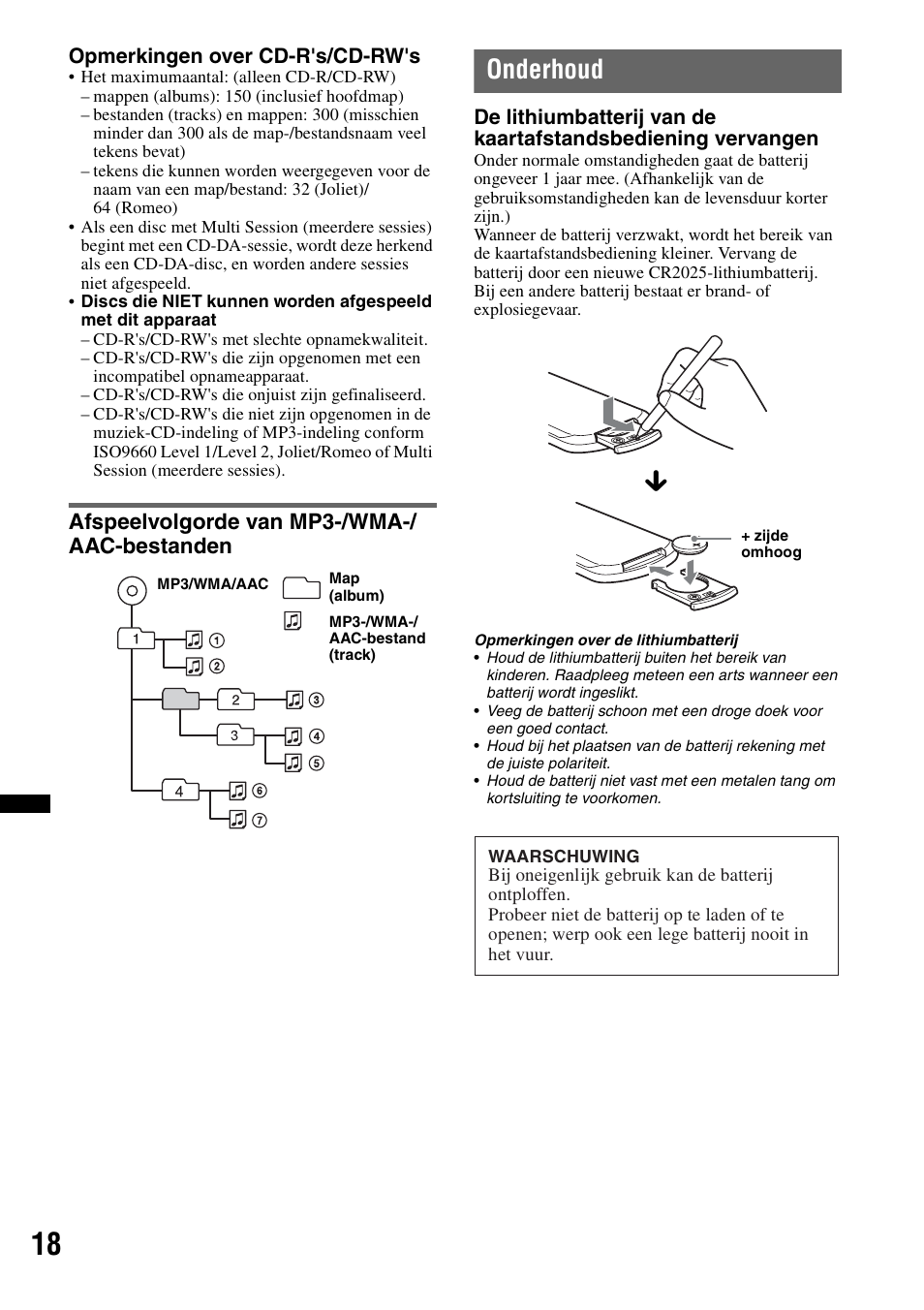 Afspeelvolgorde van mp3-/wma-/ aac-bestanden, Onderhoud | Sony CDX-GT434U User Manual | Page 104 / 112