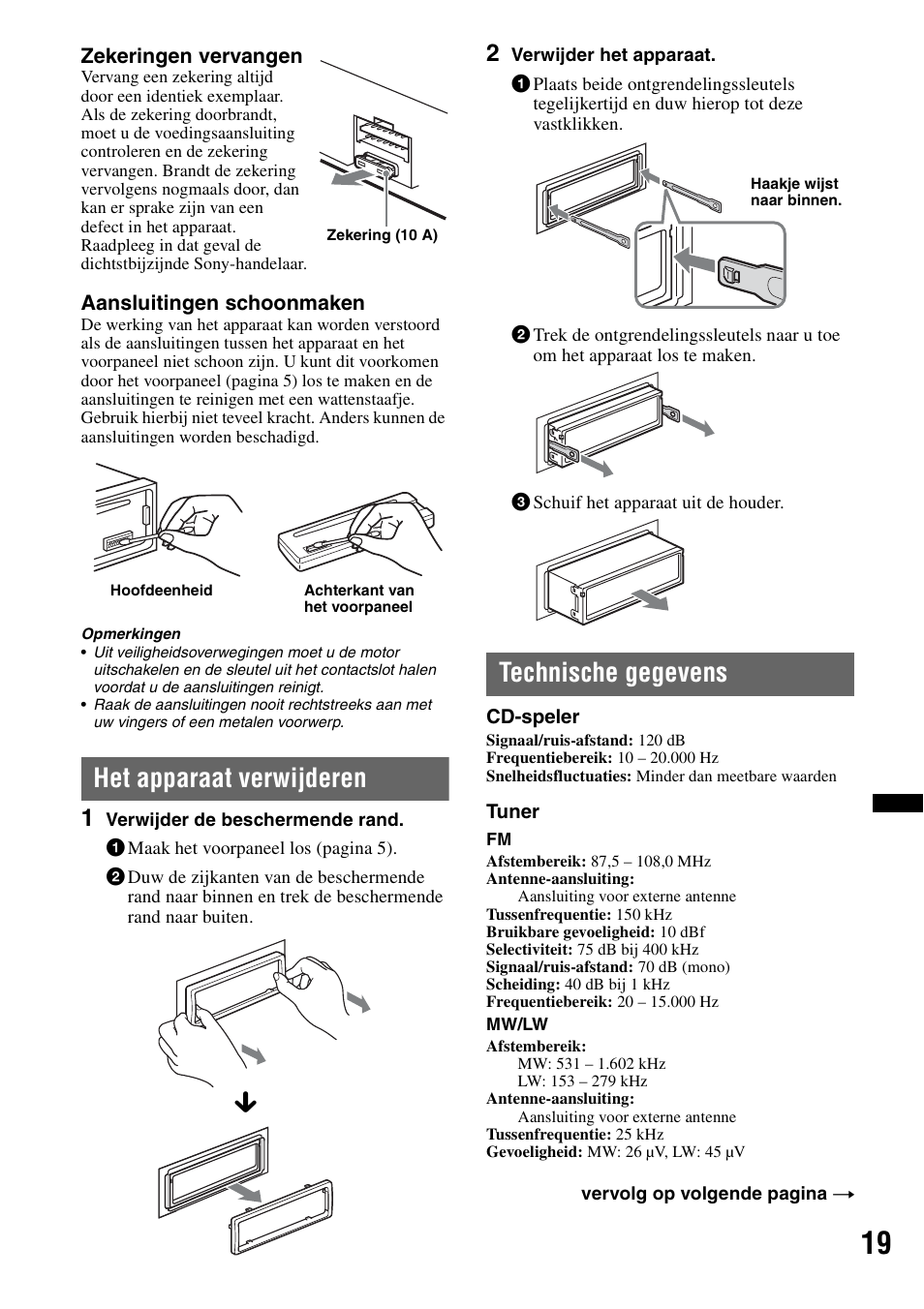 Het apparaat verwijderen, Technische gegevens, Het apparaat verwijderen technische gegevens | Sony CDX-GT434U User Manual | Page 105 / 112