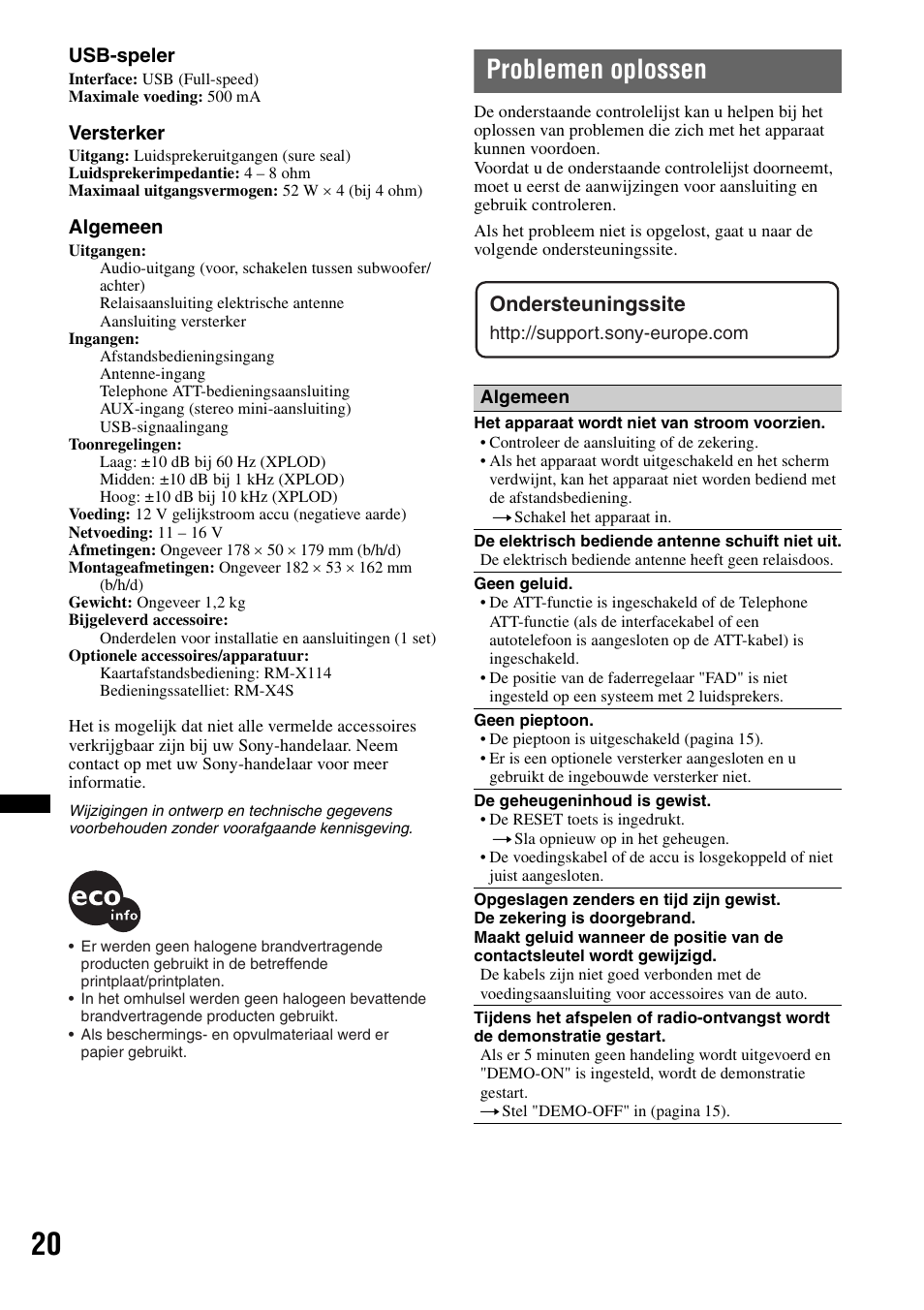 Problemen oplossen, Ondersteuningssite | Sony CDX-GT434U User Manual | Page 106 / 112