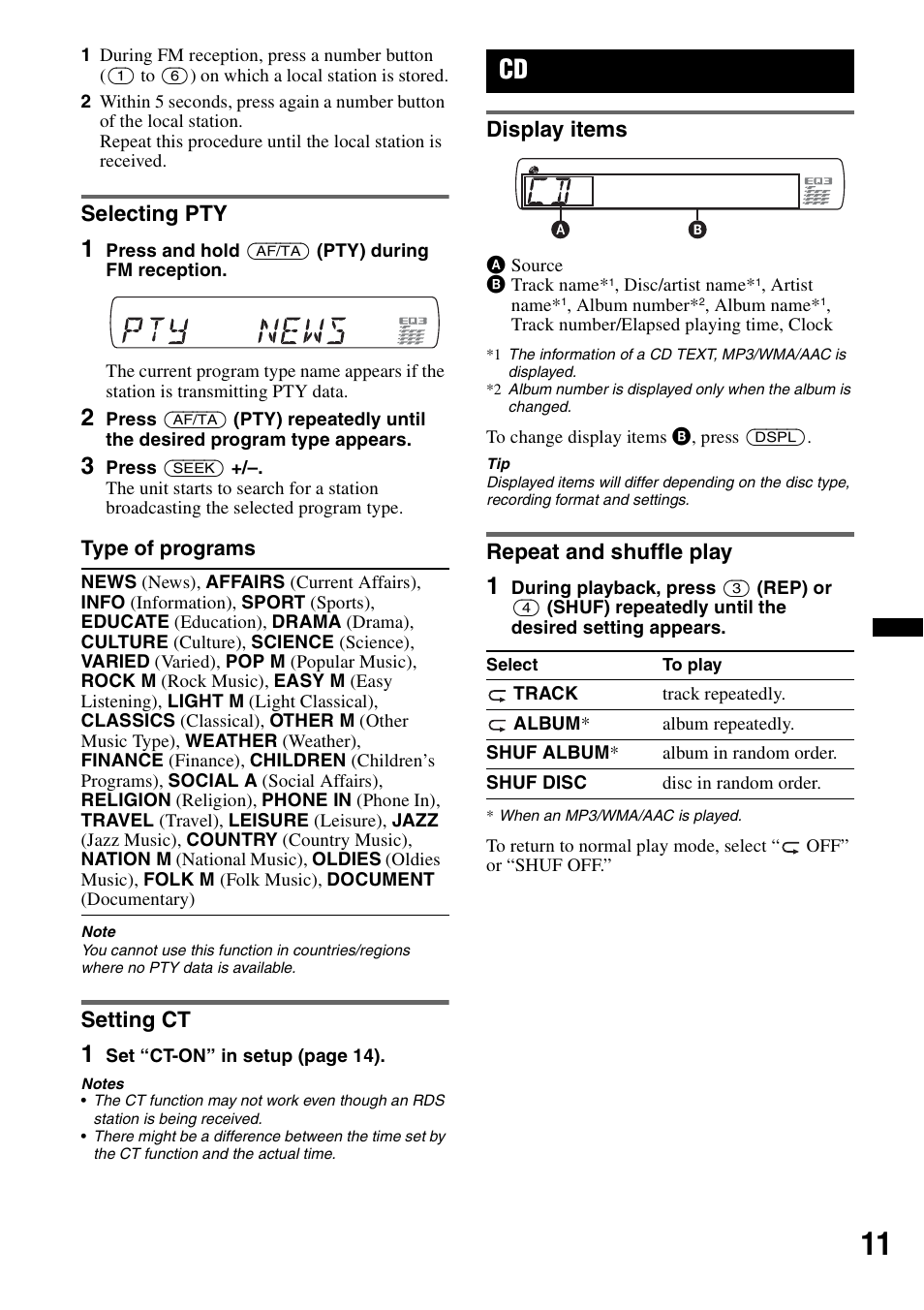 Selecting pty, Setting ct, Display items | Repeat and shuffle play, Selecting pty setting ct, Display items repeat and shuffle play | Sony CDX-GT434U User Manual | Page 11 / 112