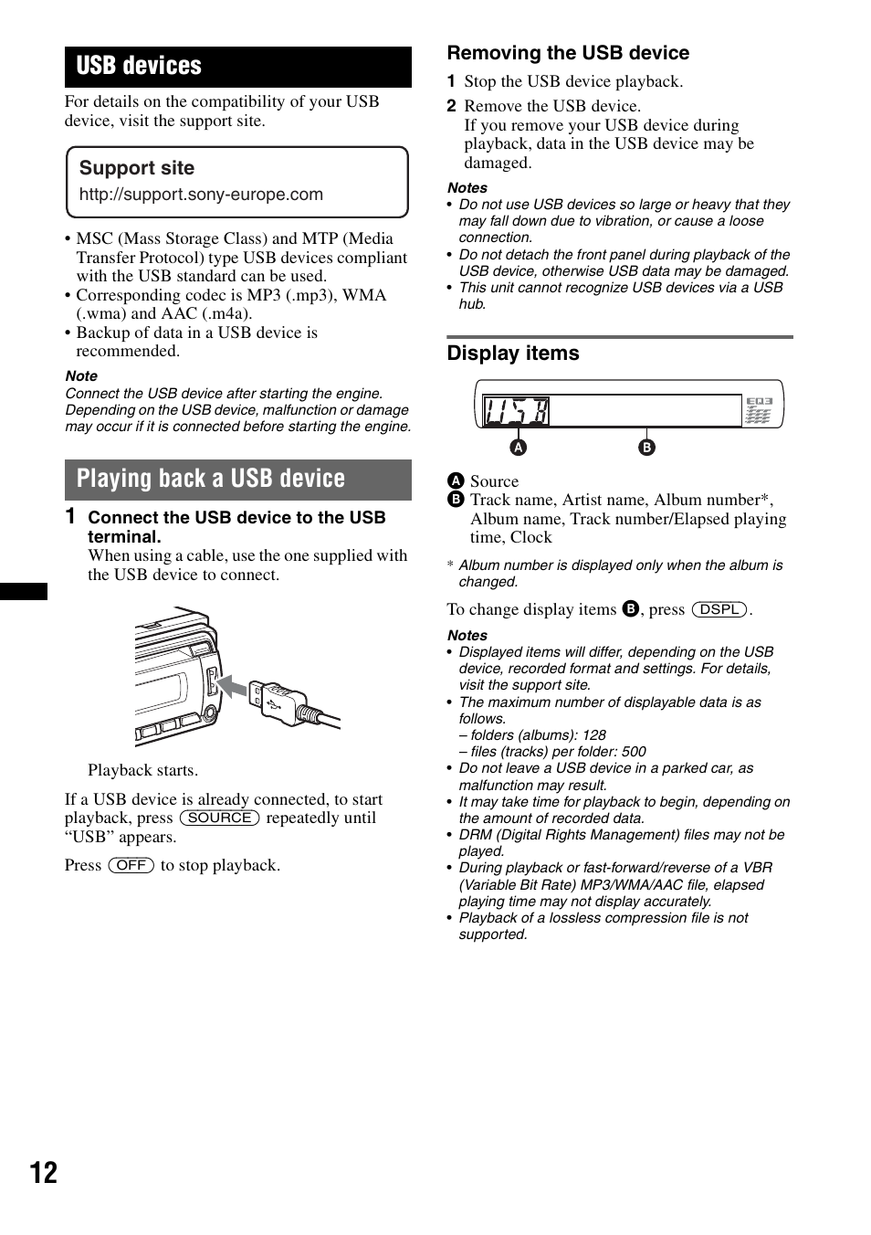 Usb devices, Playing back a usb device, Display items | Sony CDX-GT434U User Manual | Page 12 / 112