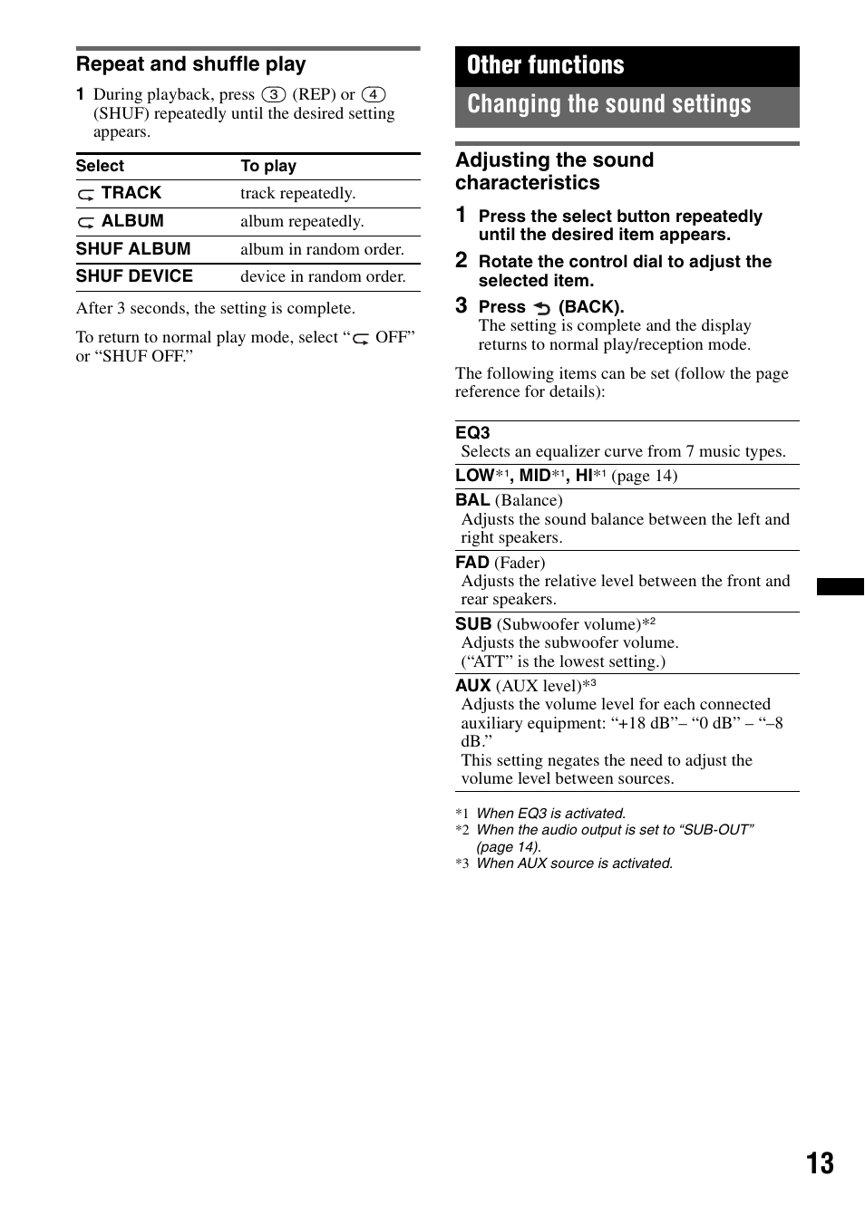 Repeat and shuffle play, Other functions, Changing the sound settings | Adjusting the sound characteristics, Other functions changing the sound settings | Sony CDX-GT434U User Manual | Page 13 / 112