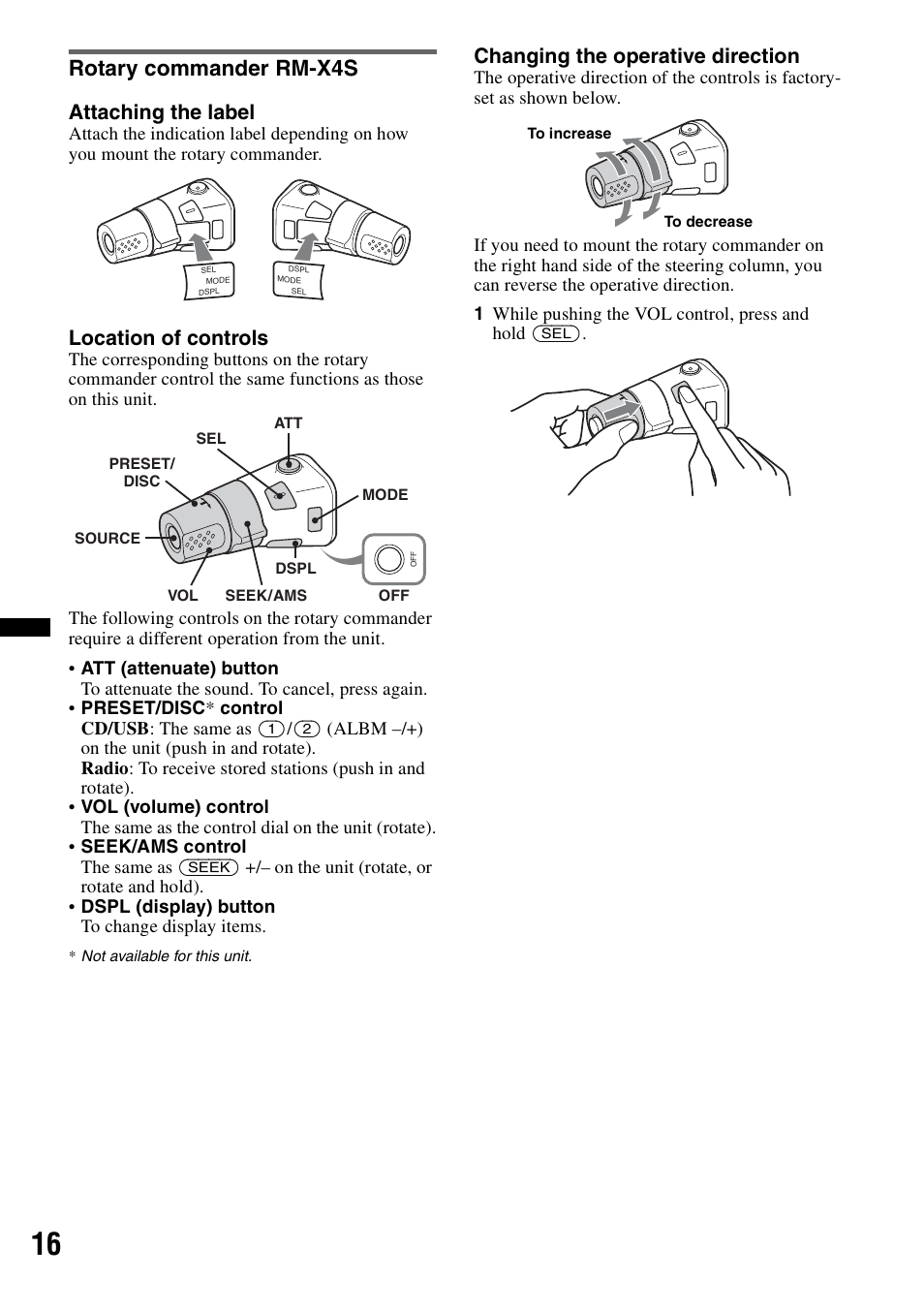 Rotary commander rm-x4s, Attaching the label, Location of controls | Changing the operative direction | Sony CDX-GT434U User Manual | Page 16 / 112