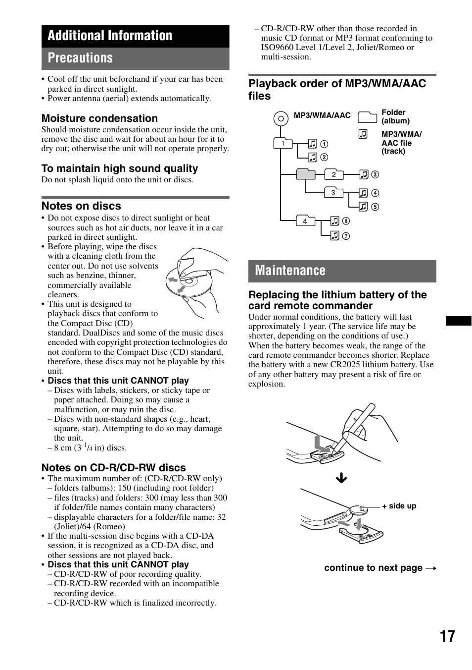 Additional information, Precautions, Notes on discs | Playback order of mp3/wma/aac files, Maintenance, Notes on discs playback order of mp3/wma/aac files, Additional information precautions | Sony CDX-GT434U User Manual | Page 17 / 112