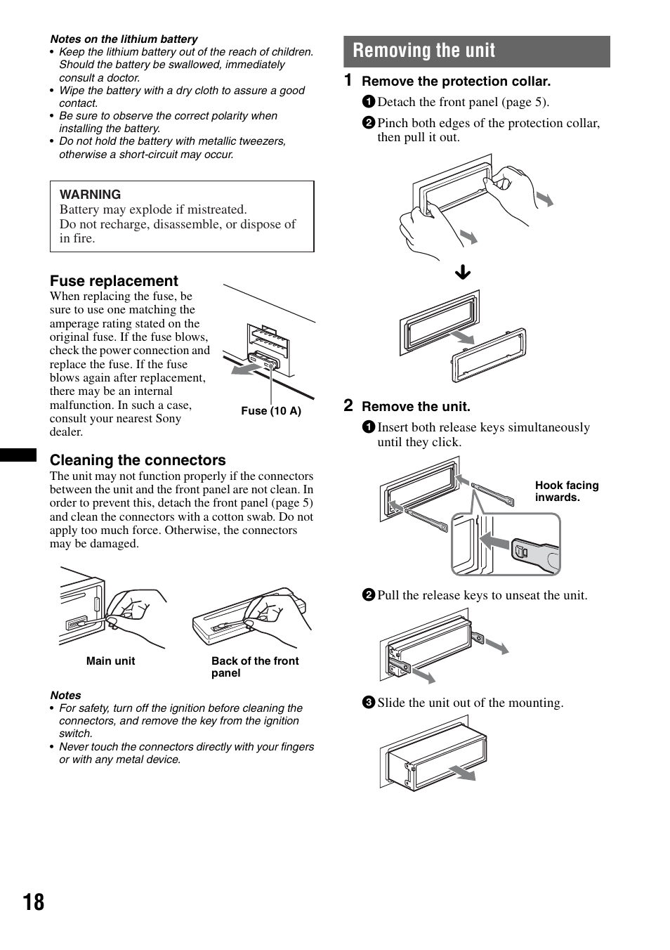 Removing the unit | Sony CDX-GT434U User Manual | Page 18 / 112