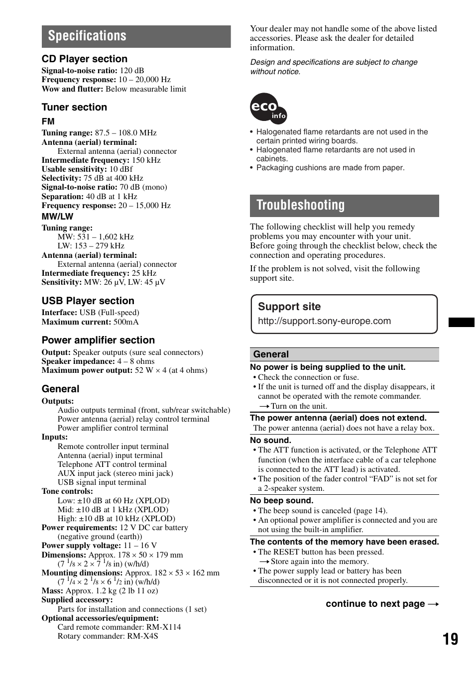 Specifications, Troubleshooting, Specifications troubleshooting | Support site, General | Sony CDX-GT434U User Manual | Page 19 / 112