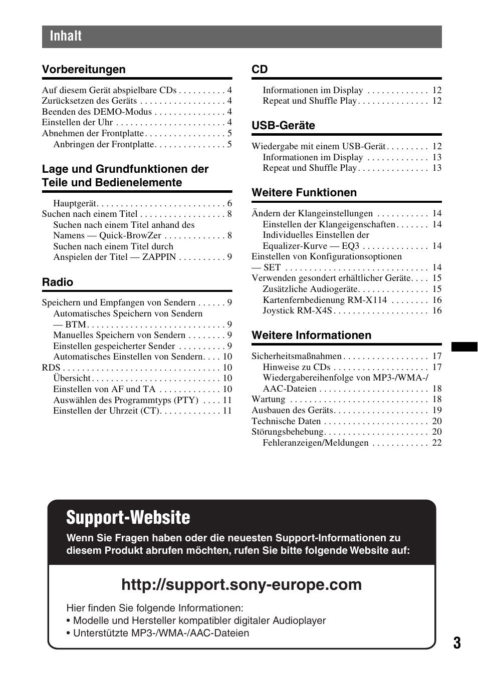 Support-website, Inhalt | Sony CDX-GT434U User Manual | Page 23 / 112