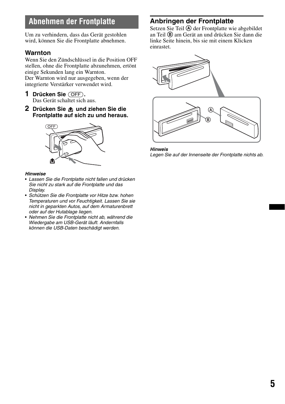 Abnehmen der frontplatte, Anbringen der frontplatte, Seite 5) | Sony CDX-GT434U User Manual | Page 25 / 112