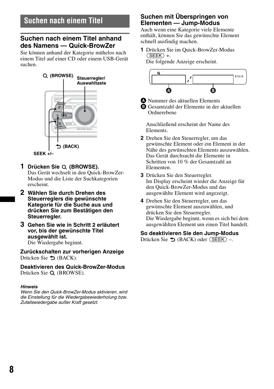 Suchen nach einem titel, Seite 8 | Sony CDX-GT434U User Manual | Page 28 / 112