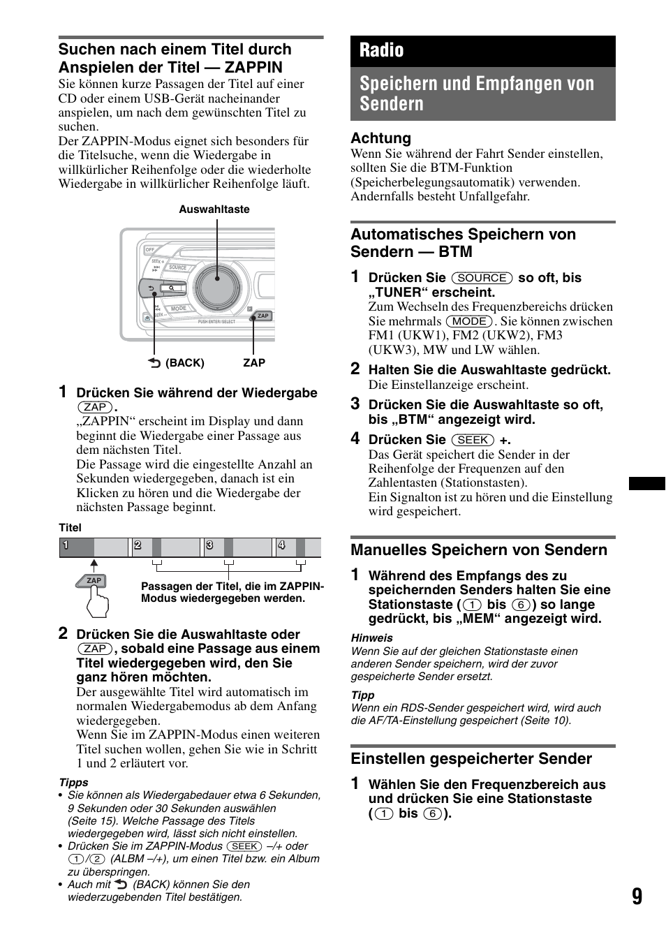 Radio, Speichern und empfangen von sendern, Automatisches speichern von sendern - btm | Manuelles speichern von sendern, Einstellen gespeicherter sender, Seite 9, Radio speichern und empfangen von sendern, Automatisches speichern von sendern — btm, Achtung | Sony CDX-GT434U User Manual | Page 29 / 112